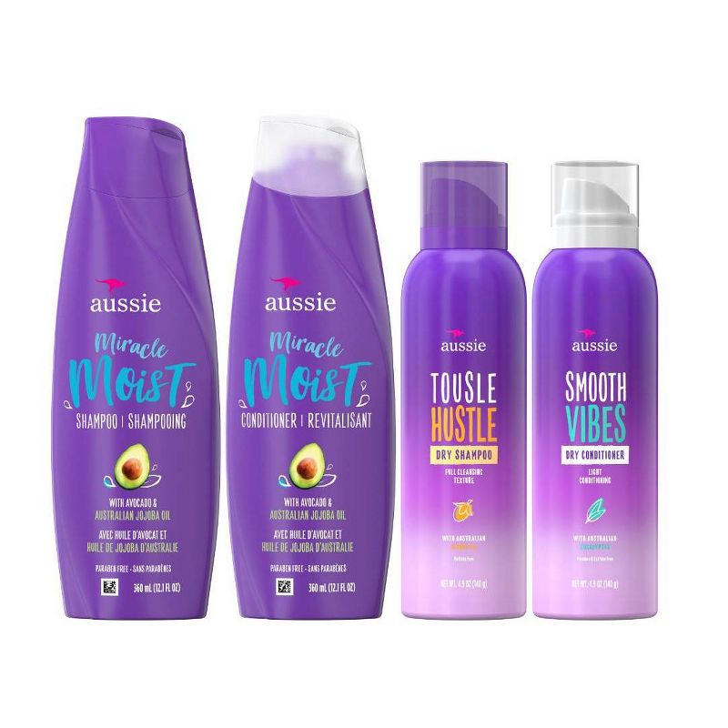 Aussie Miracle Moist Bundle Pack with Shampoo, Conditioner, Dry Shampoo and Dry Conditioner - 4pk/34 fl oz