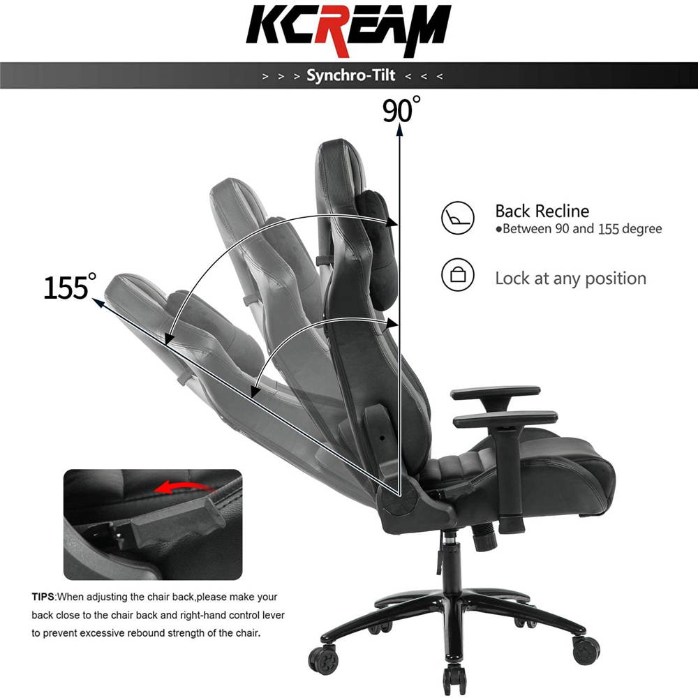 KCREAM PU Big and Tall Ergonomic Gaming Chair, Adjustable High Back Swivel Computer Chair Headrest Lumbar Support 400lbs Reclining Office Desk Chair for Adlut