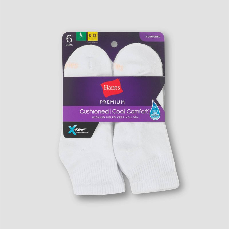 Hanes Premium 6 Pack Women's Cushioned Ankle Socks - White 8-12