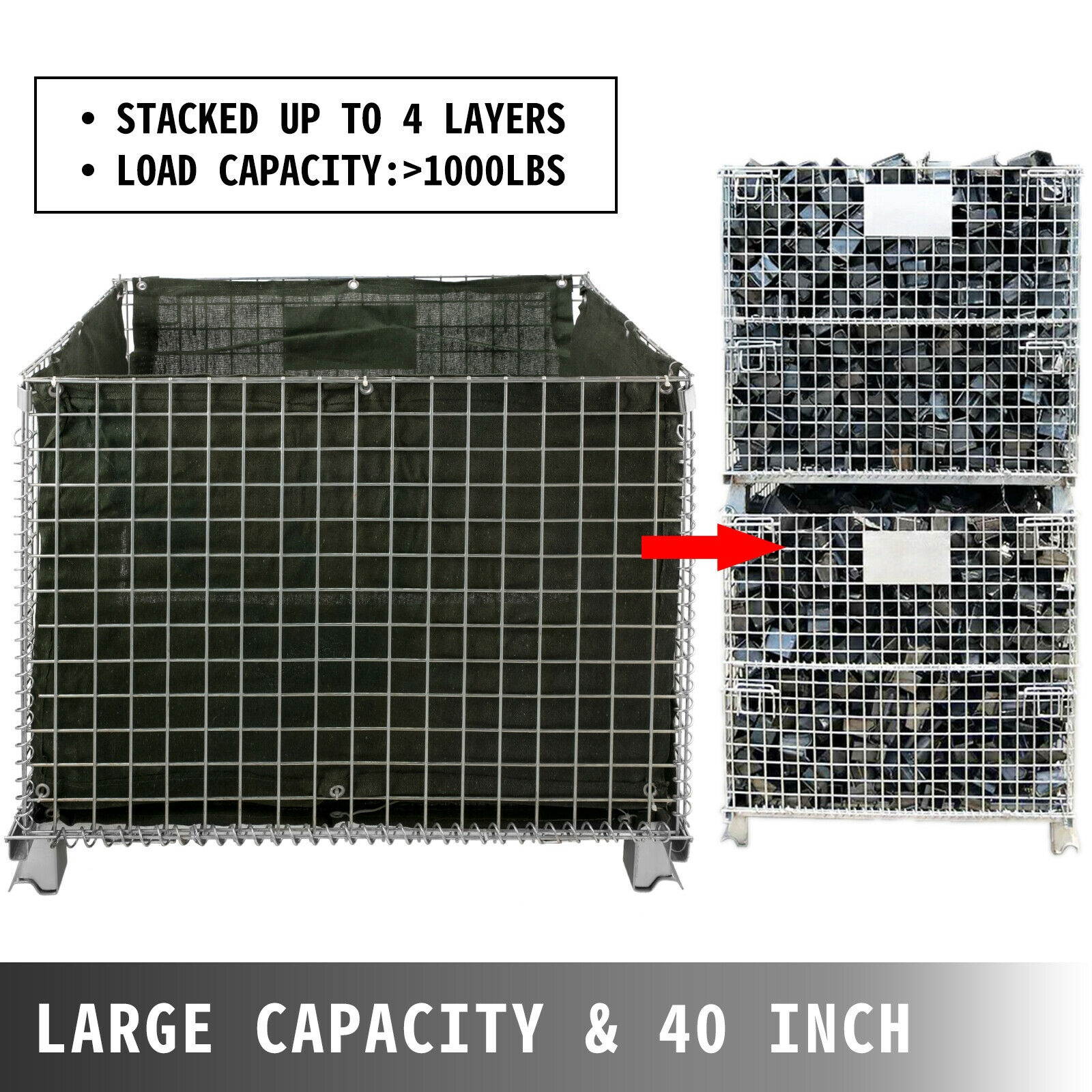 Folding Wire Container 48 x 40 x 35 inch, 1000 Lbs Capacity Wire Mesh 2 x 2 inch