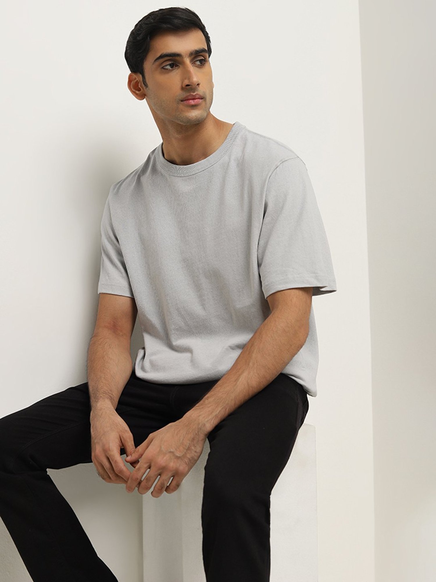 WES Casuals by Westside Light Grey Solid Relaxed-Fit Cotton T-Shirt