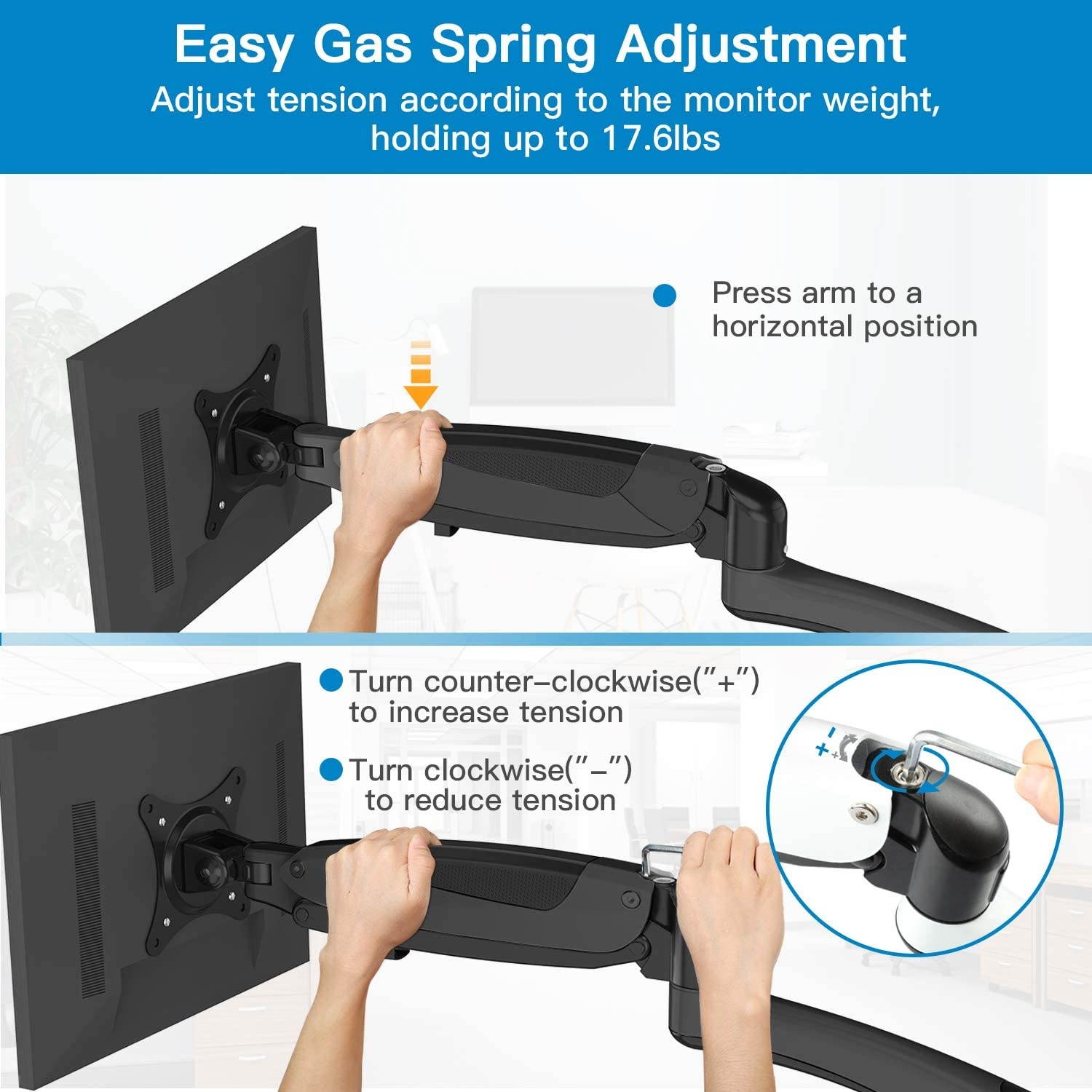 Dual Monitor Stand - Height Adjustable Gas Spring Monitor Desk Mount Fits 2 Flat/Curved Computer Screens 15 to 27 Inch, Double Articulating Arms Vesa Bracket with C Clamp, Grommet Mounting