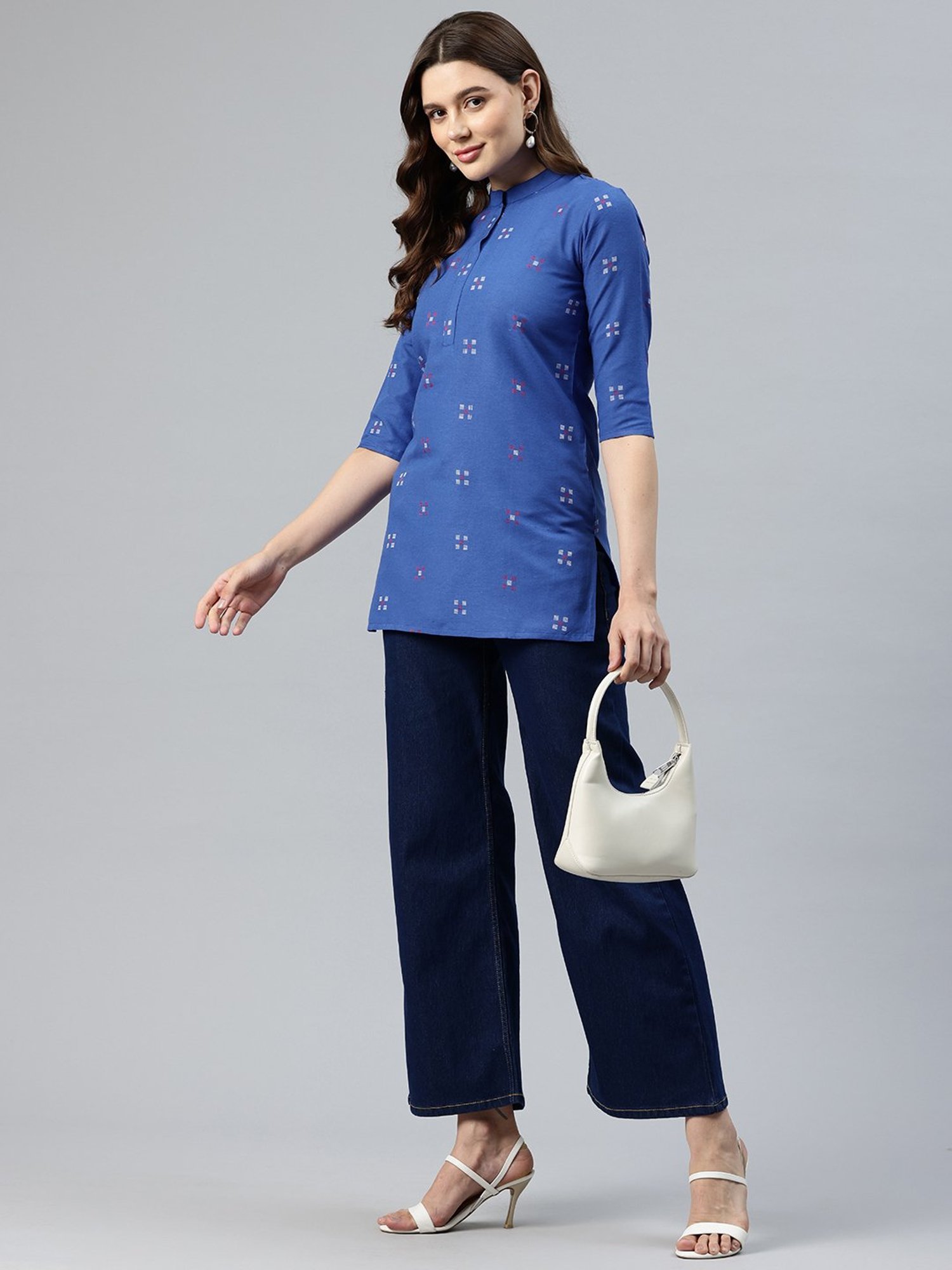 One Femme Blue Cotton Embroidered A Line Kurti