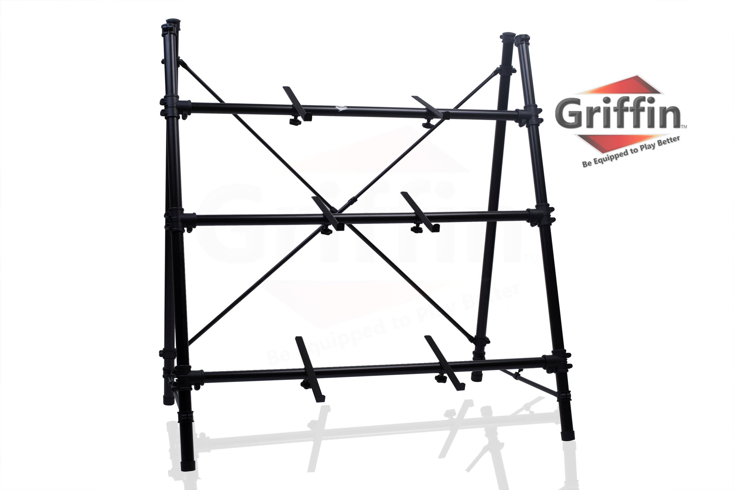 3 Tier Piano Keyboard Stand by GRIFFIN | Triple A-Frame Standing Synthesizer Mixer Workstation Platform | Pro Audio Stage Music Recording Studio Rack Hardware Holder for Digital DJ Controller & Laptop