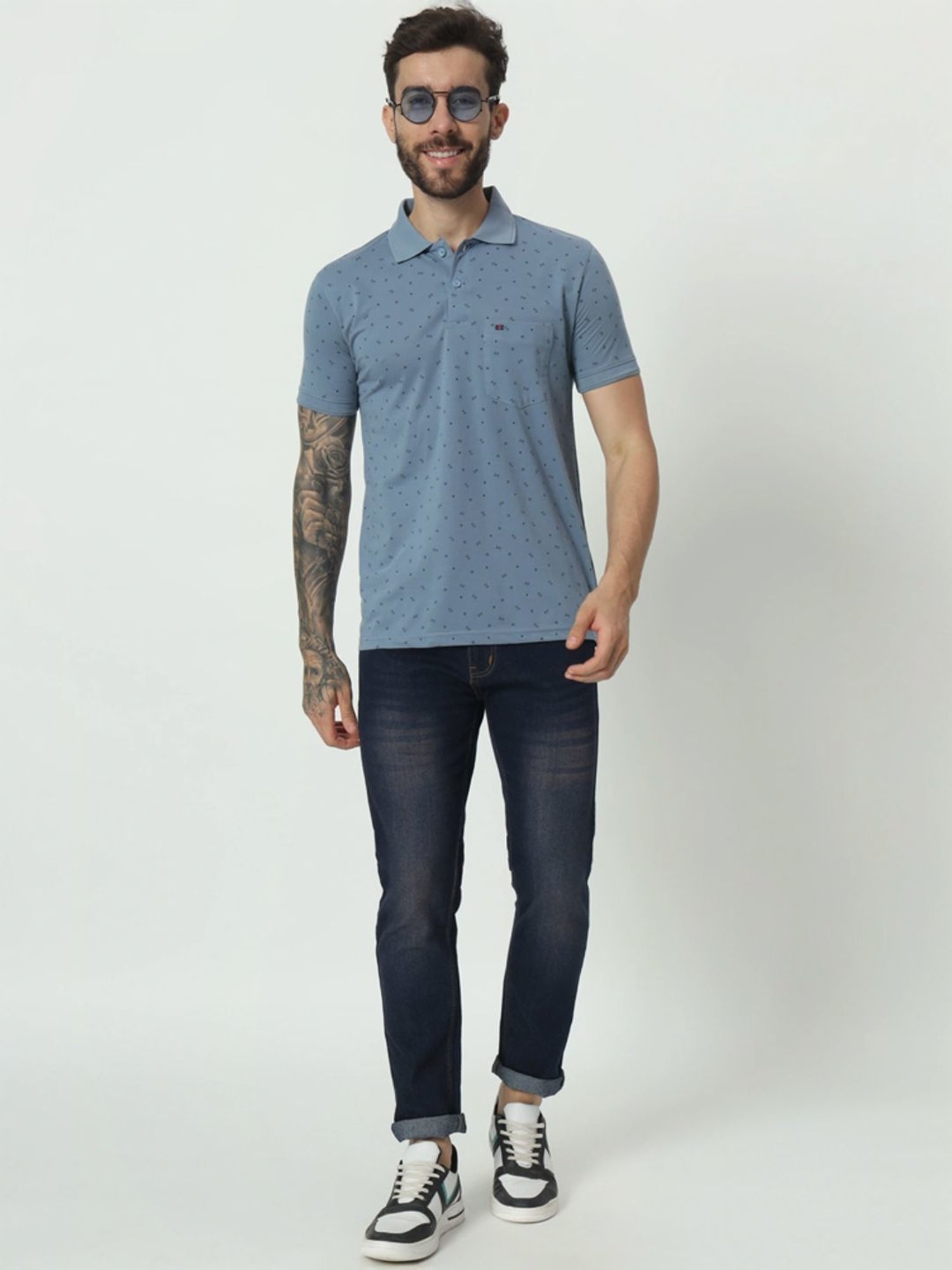 Tab91 Blue Regular Fit Printed Polo T-Shirts