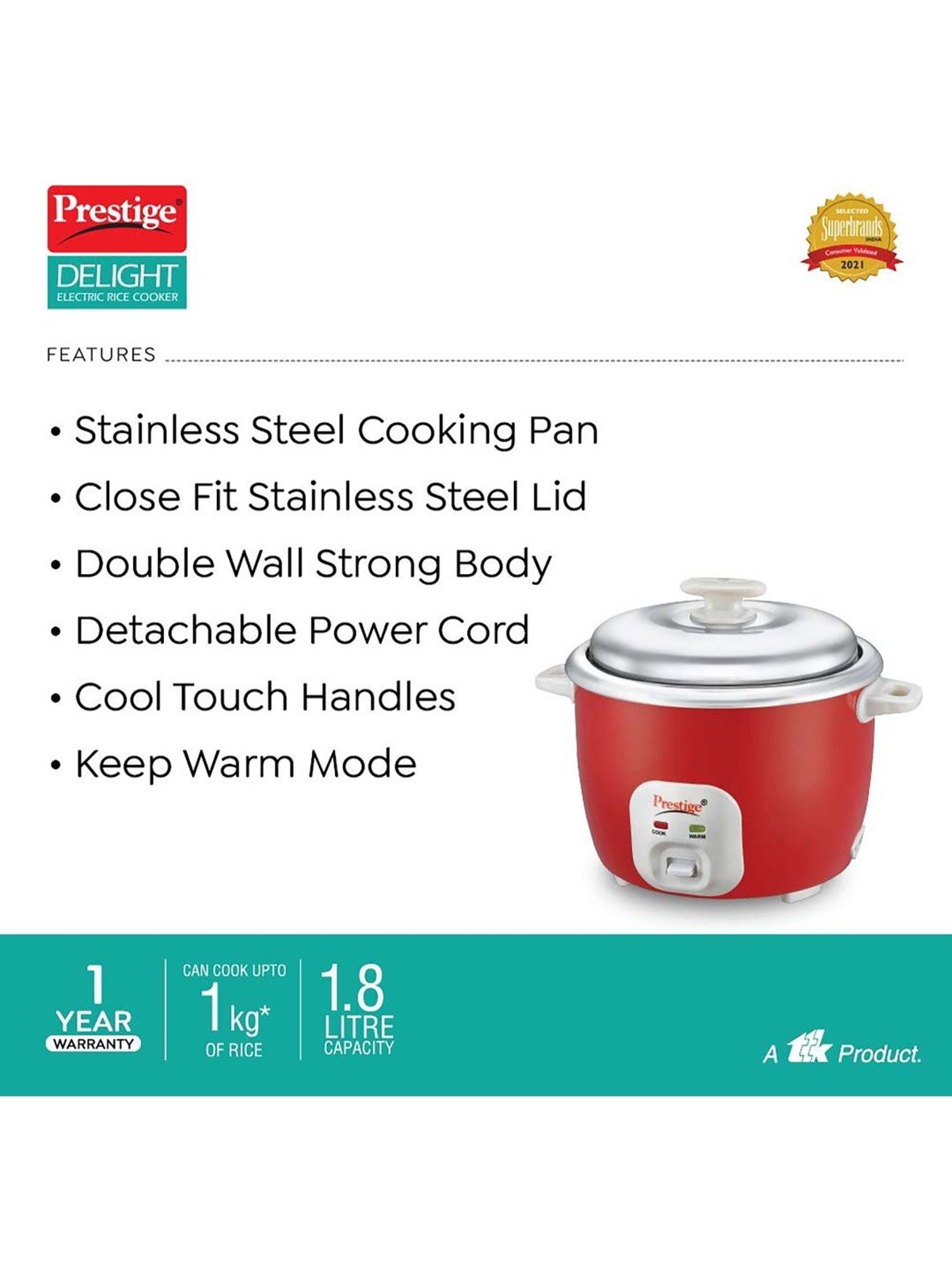 Pigeon Rice Cooker 700W, 1.8L with Single pot & Measuring Cup (Red)