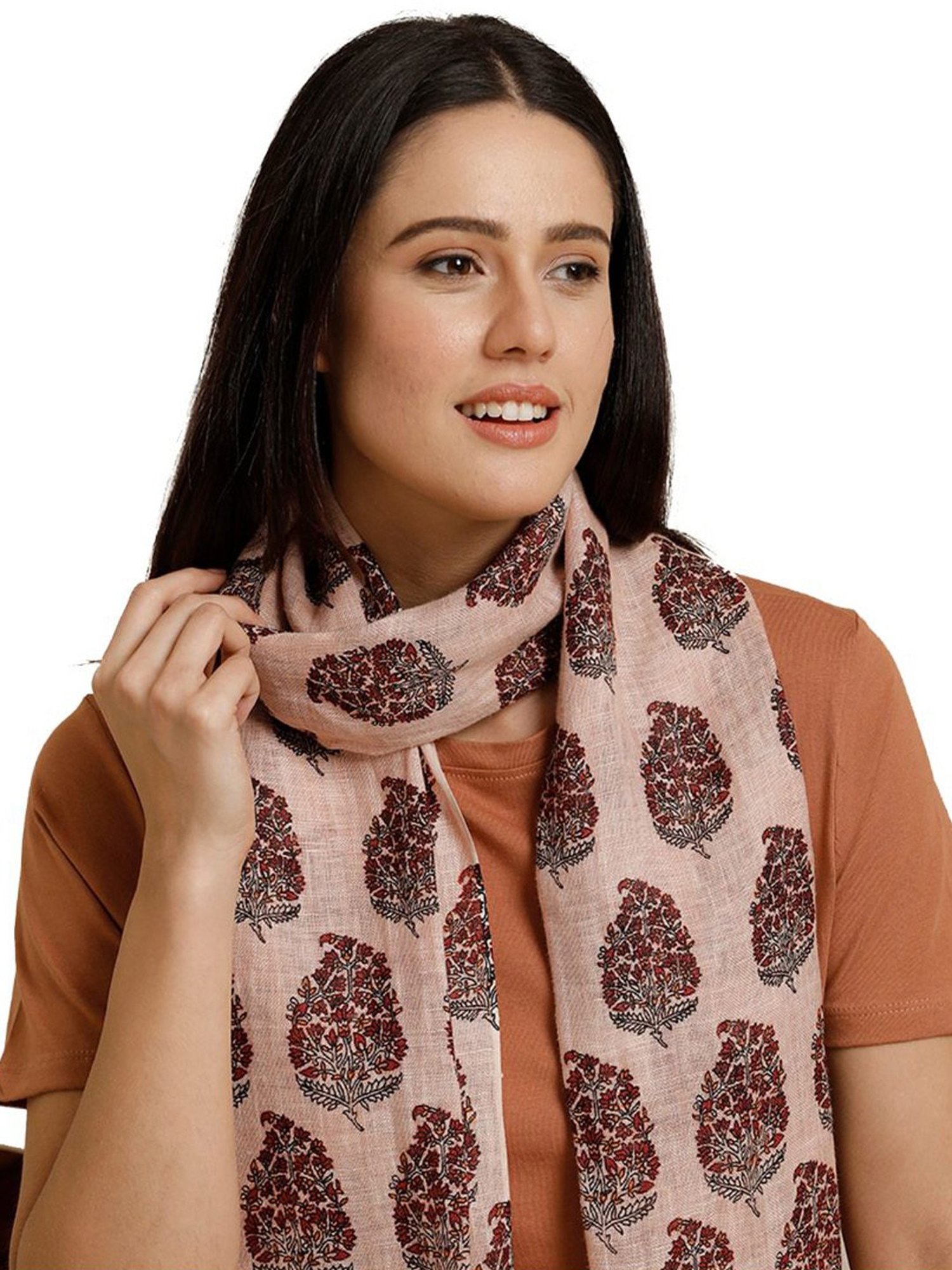 Linen Club Brown Printed Pure Linen Stole