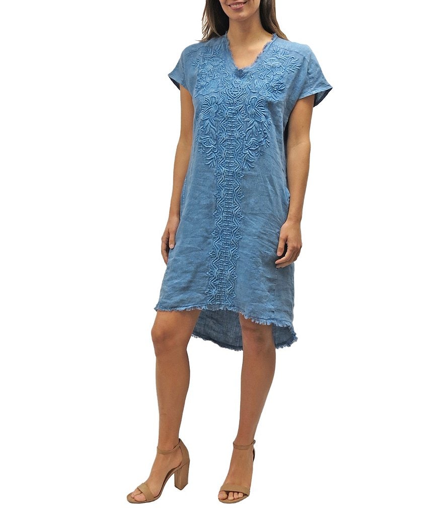 Karyn Seo Emilia Embroidered Linen Raw Hi-Low Hem Tunic Dress