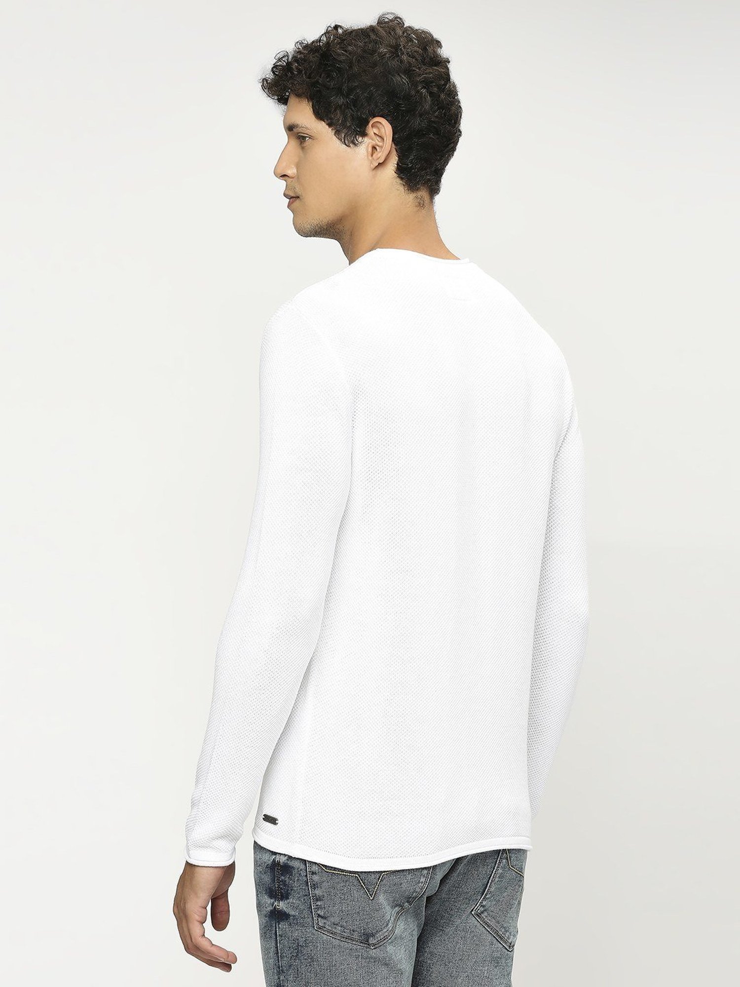 Pepe Jeans White Cotton Regular Fit Self Pattern Sweater
