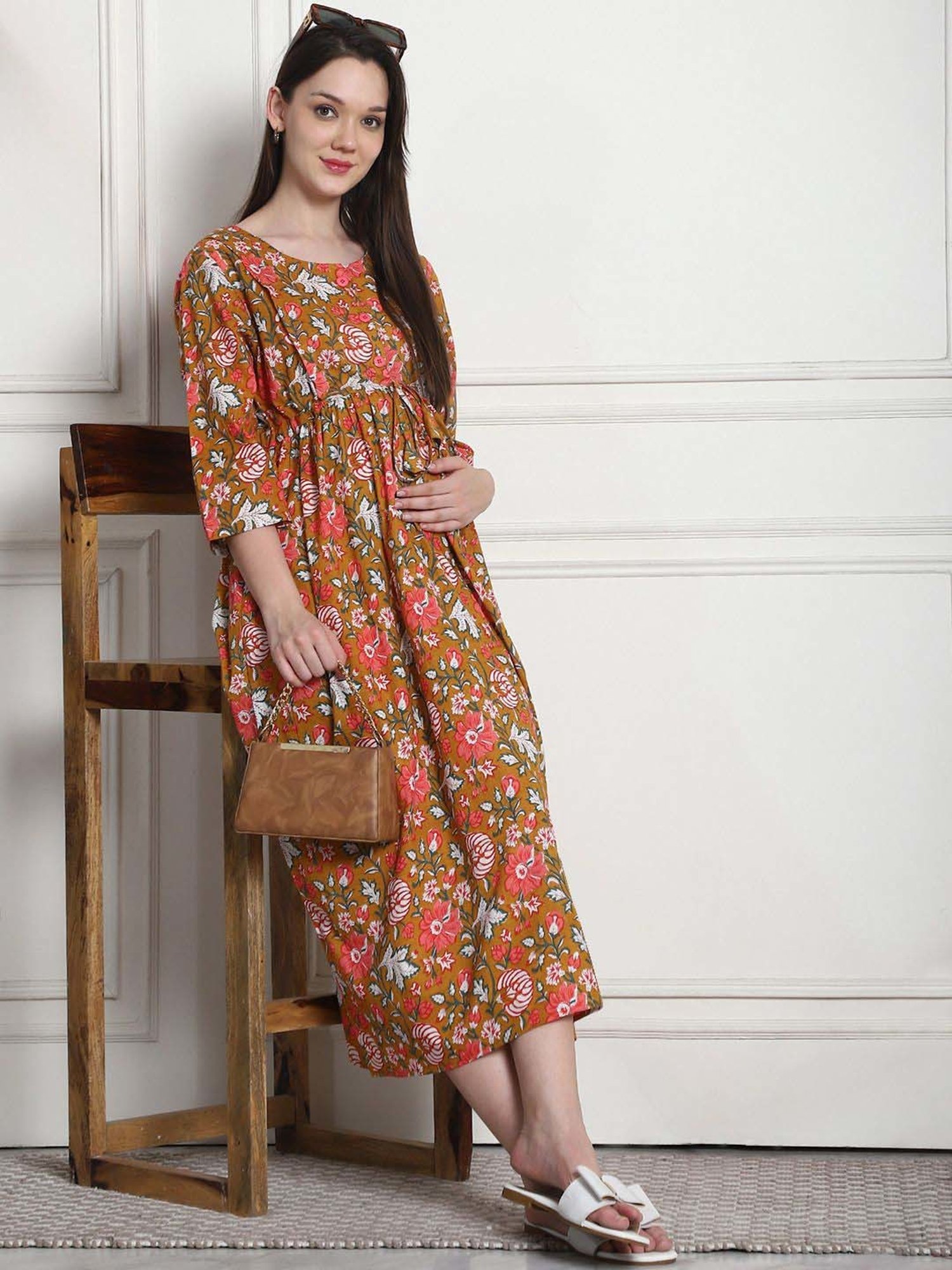 Secret Wish Brown Cotton Floral Straight Night Dress