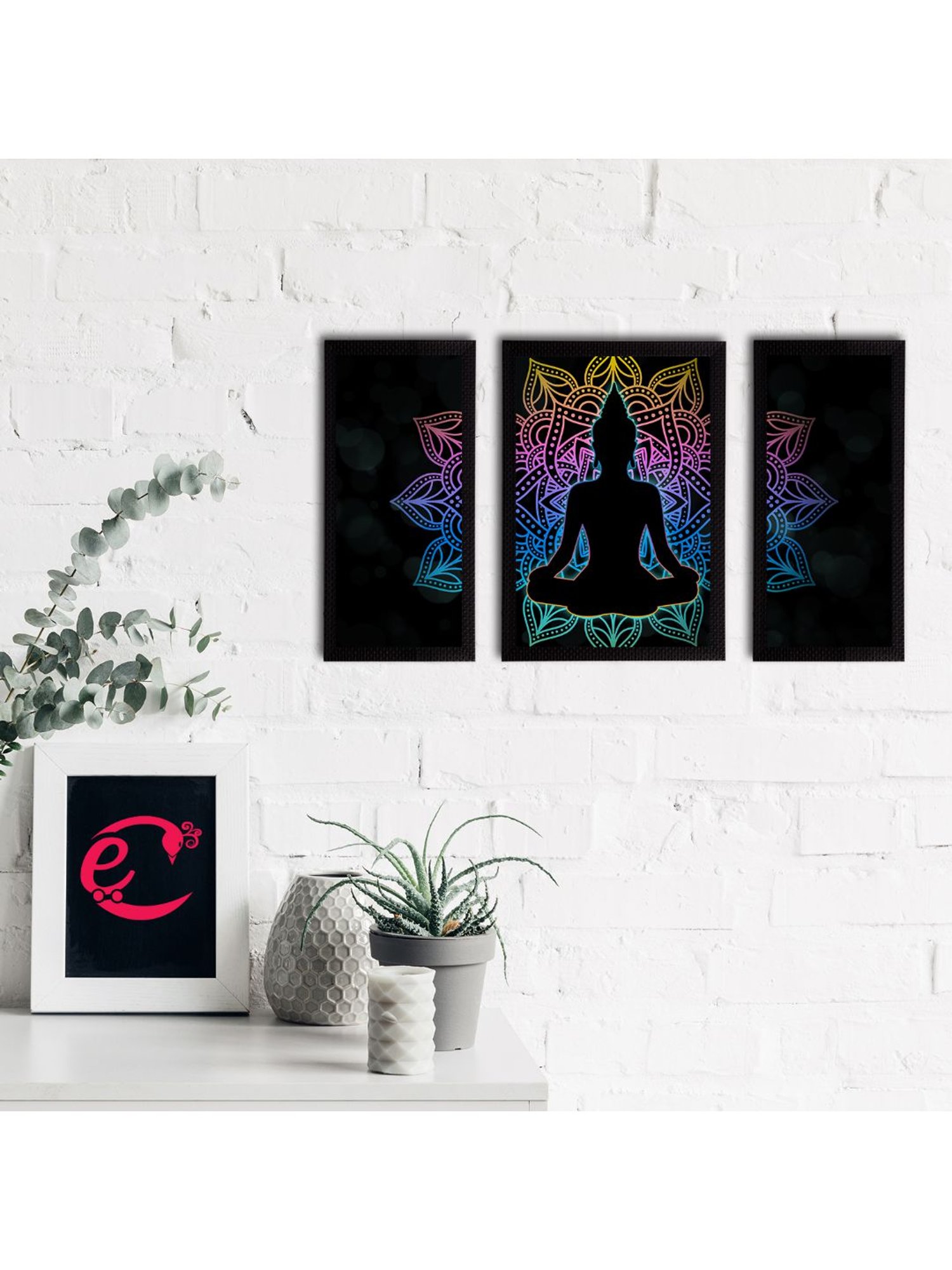 eCraftIndia Set of 3 Meditating Lord Buddha Satin Matt Textured UV Art Painting