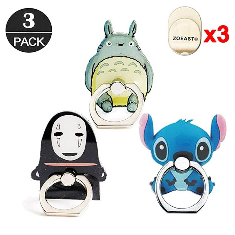 ZOEASTTM 3 Pack  Make Faces Spirited Away Universal 360&deg; Adjustable Holder Car Hook Grip Stent Mount Kickstand Compatible with iPhone X Plus Samsung Android Pad Tablet Stitch Totoro Man