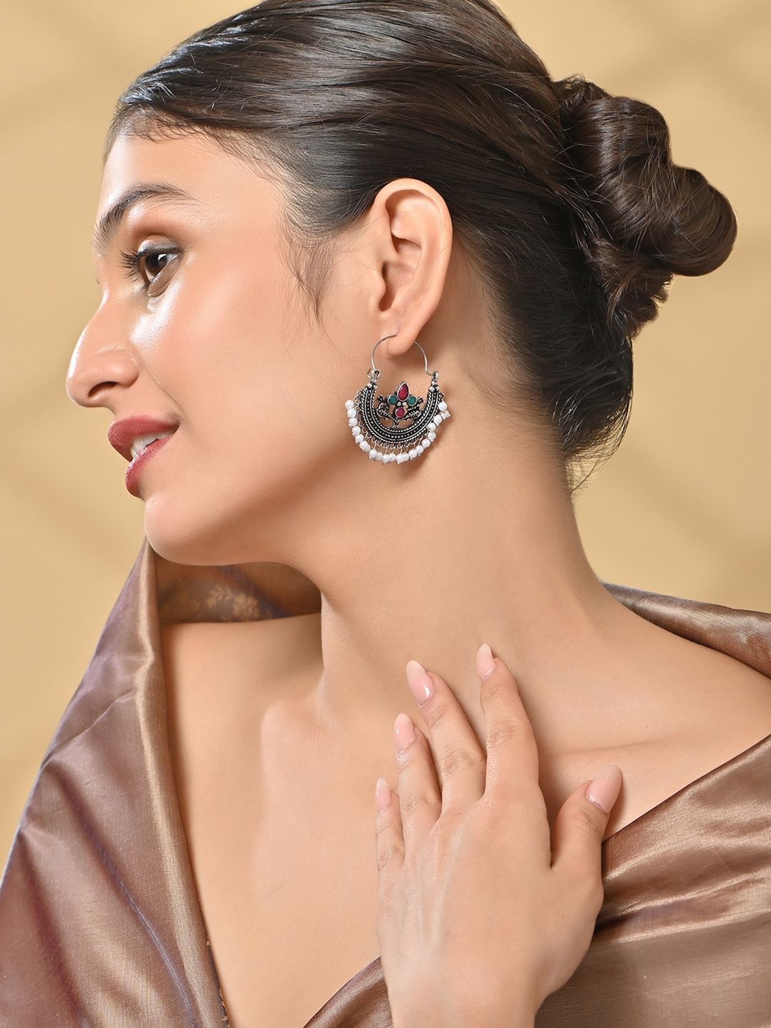 Fida Oxidised Silver Plated Baby Pink Bali Earrings for Women