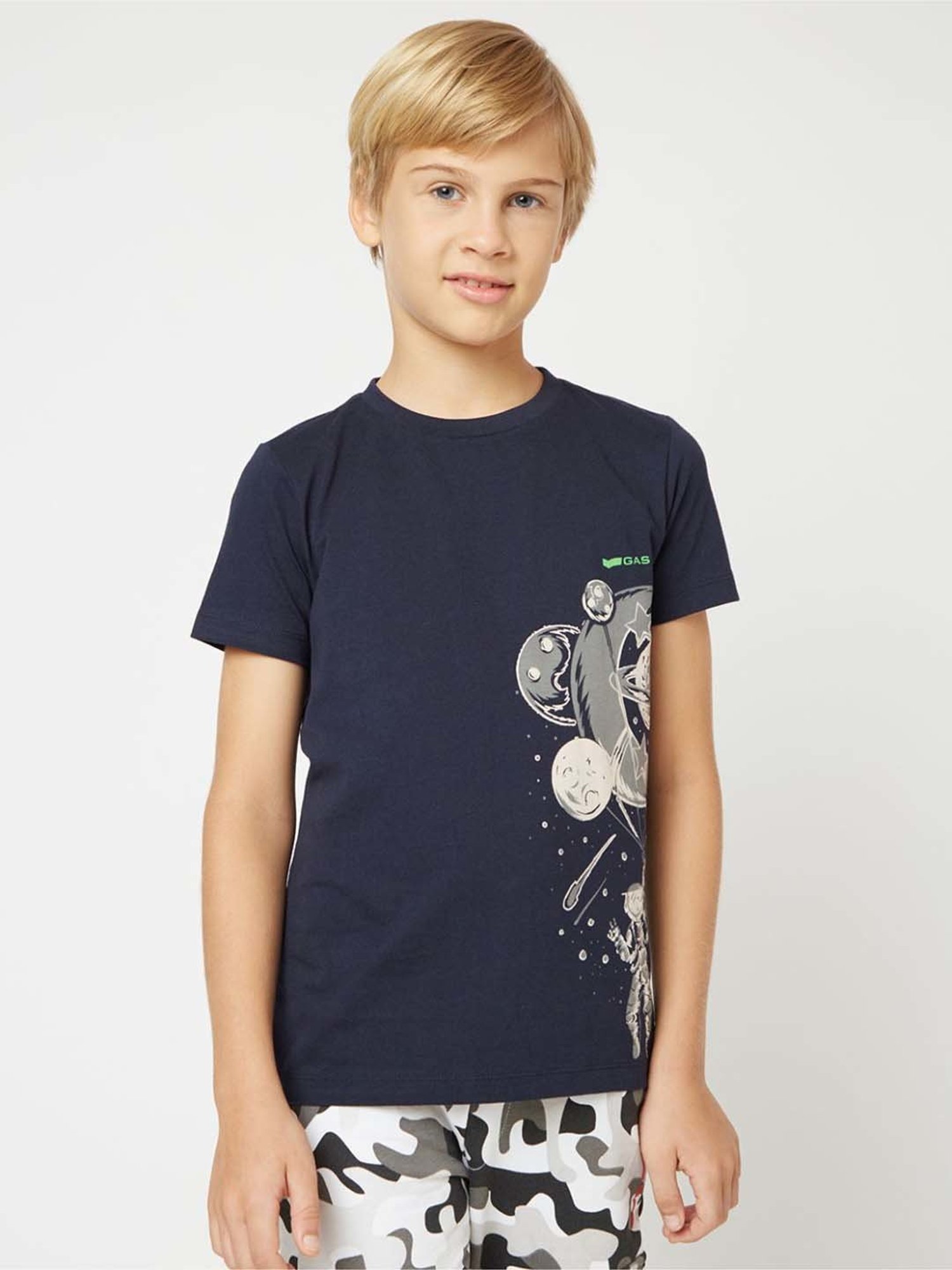 Gas Kids Medieval Blue Cotton Printed T-Shirt