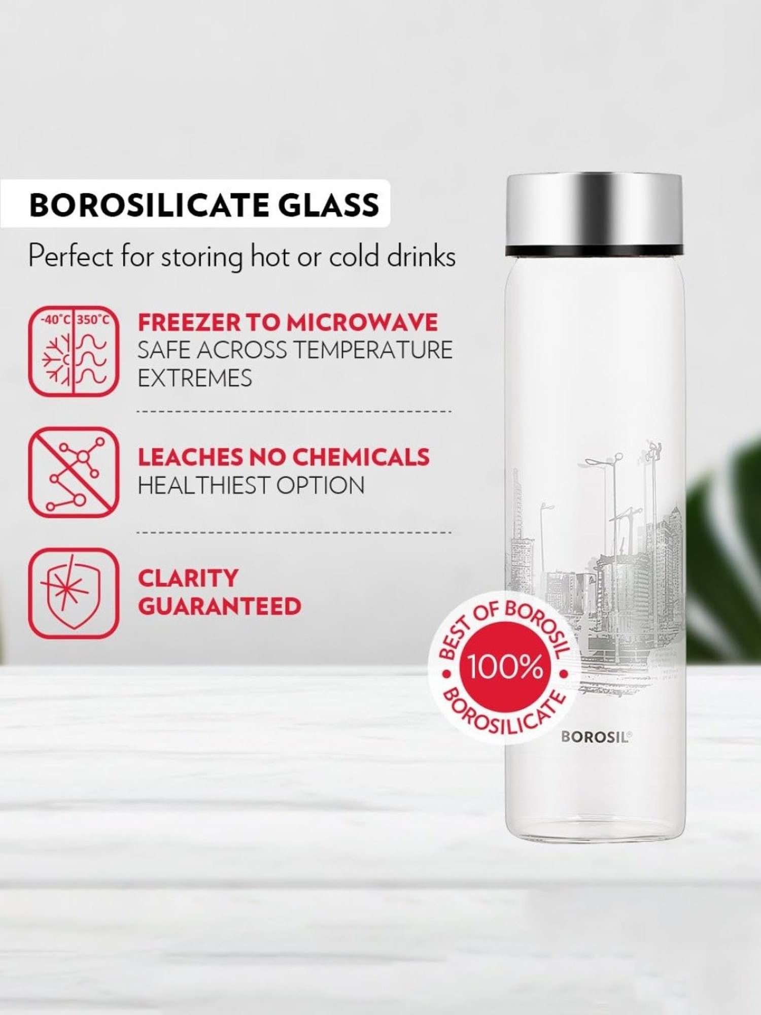 Borosil Water Bottle with Fridge Safe & Leakproof Set of 3 (Transparent, 550 ml)