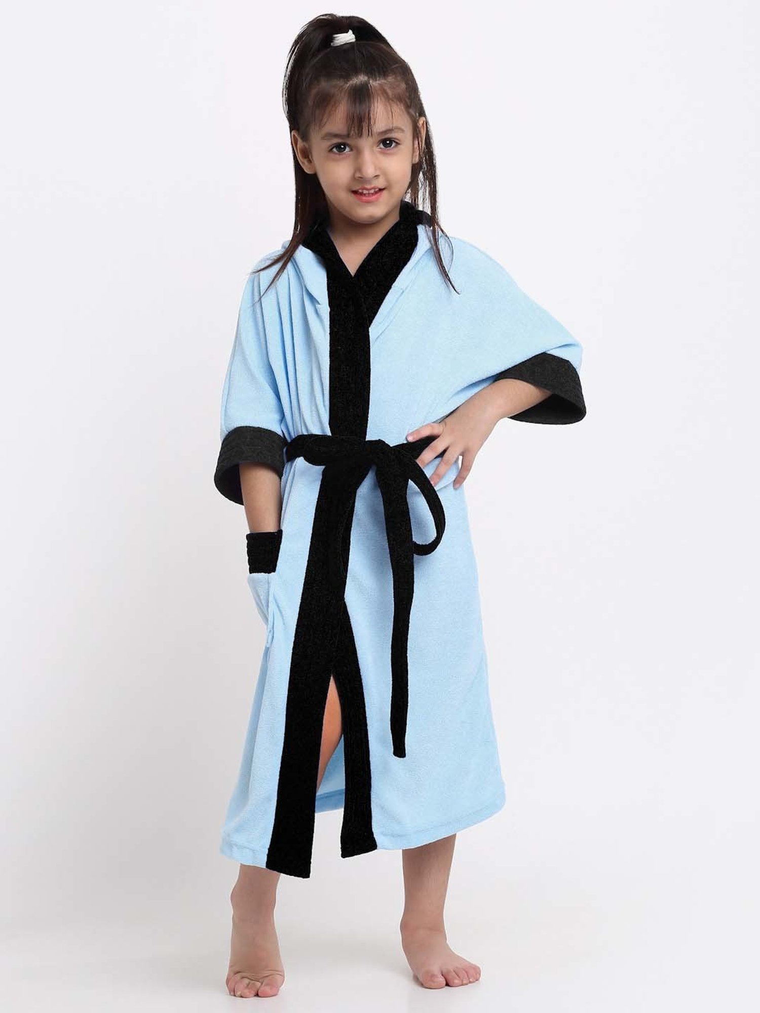 Creeva Melodious Black & Turkish Micro Terry 225 GSM Kids Hooded Bathrobe 4-5 Years With Pocket