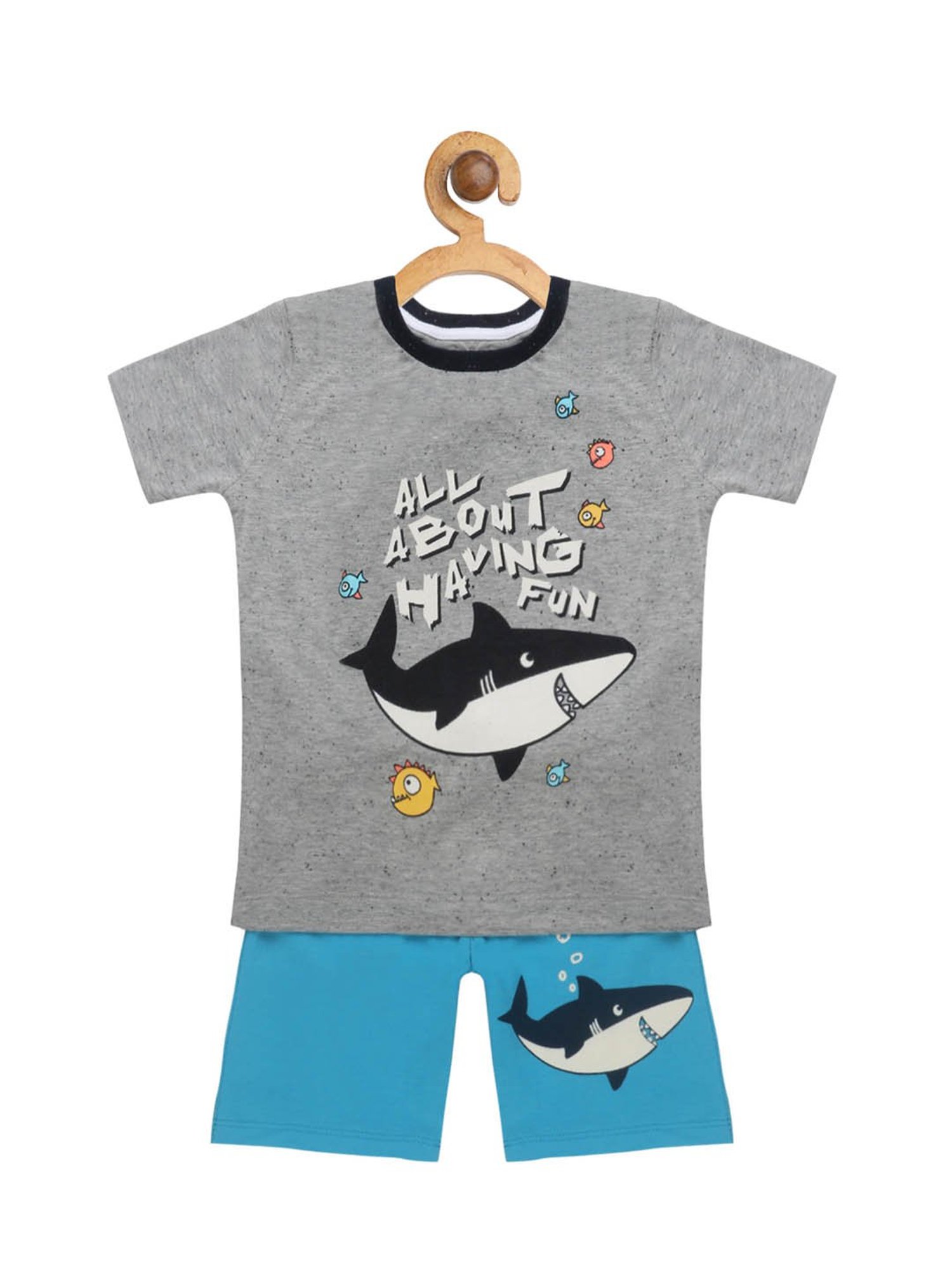 Lazy Shark Kids Grey & Blue Printed  T-Shirt with  Shorts
