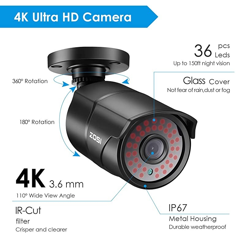 4K 8MP Ultra HD Security Camera System with Hard Drive 2TB, 8 Channel H.265+ CCTV DVR Recorder with 4 x 4K Video Surveillance Bullet Camera Outdoor Indoor, 150ft Night Vision, Motion Alerts