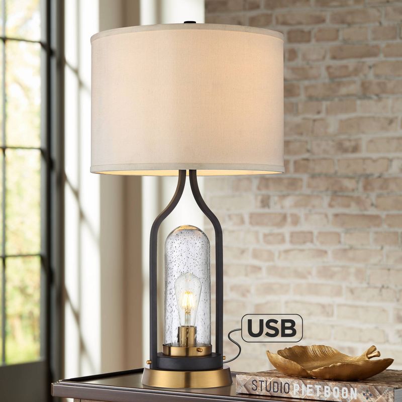 Franklin Iron Works Industrial Farmhouse Table Lamp with Nightlight LED Bronze Brass Seeded Clear Glass Drum Shade for Living Room