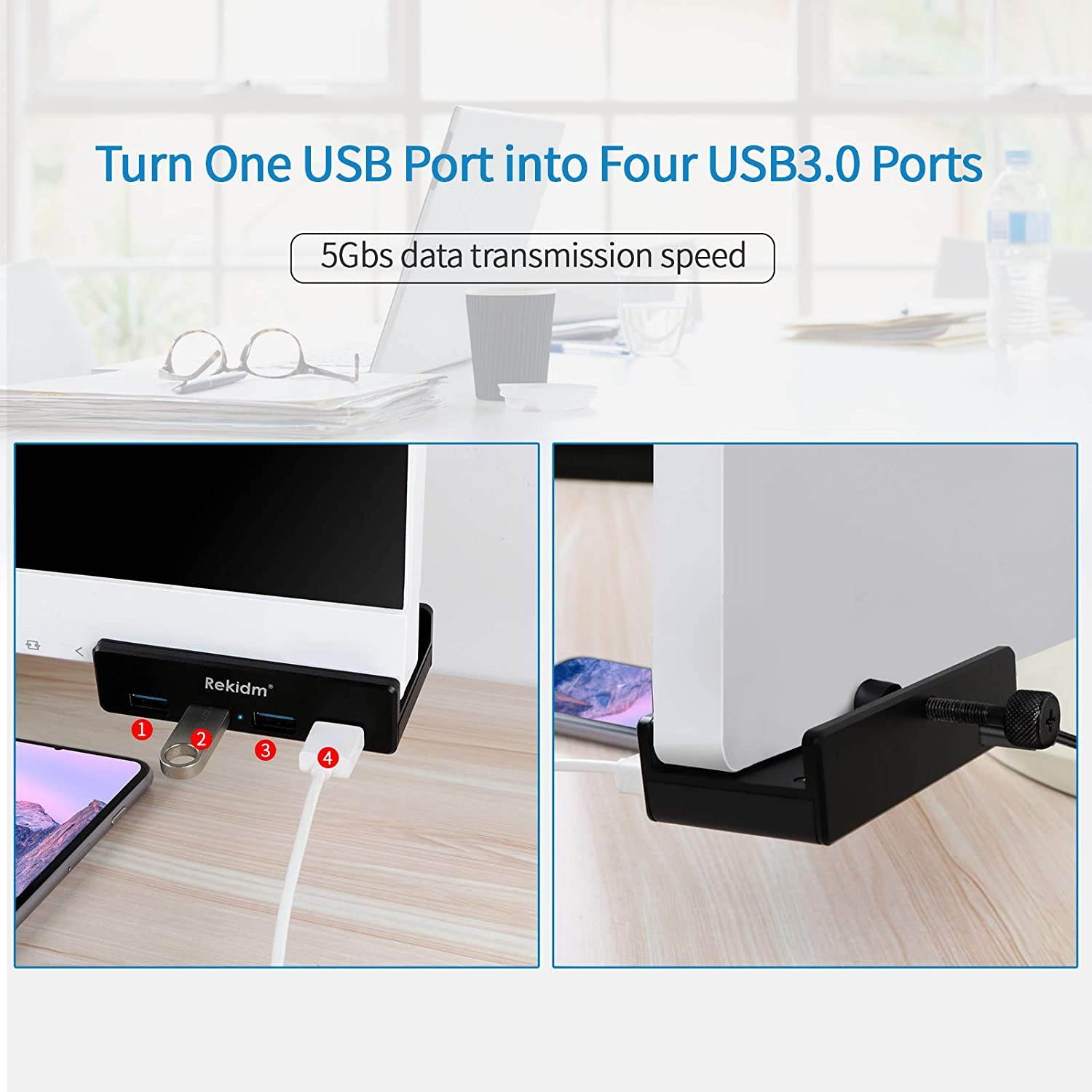 USB Hub 3.0 - Rekidm 4 Port Aluminum USB 3.0 Hub Clamp Design for Desktop Computer PC Table Edge with Durable Adjustable Clip Compact Space-Saving Mountable Desk USB Hub Fast Speed Transfer Black