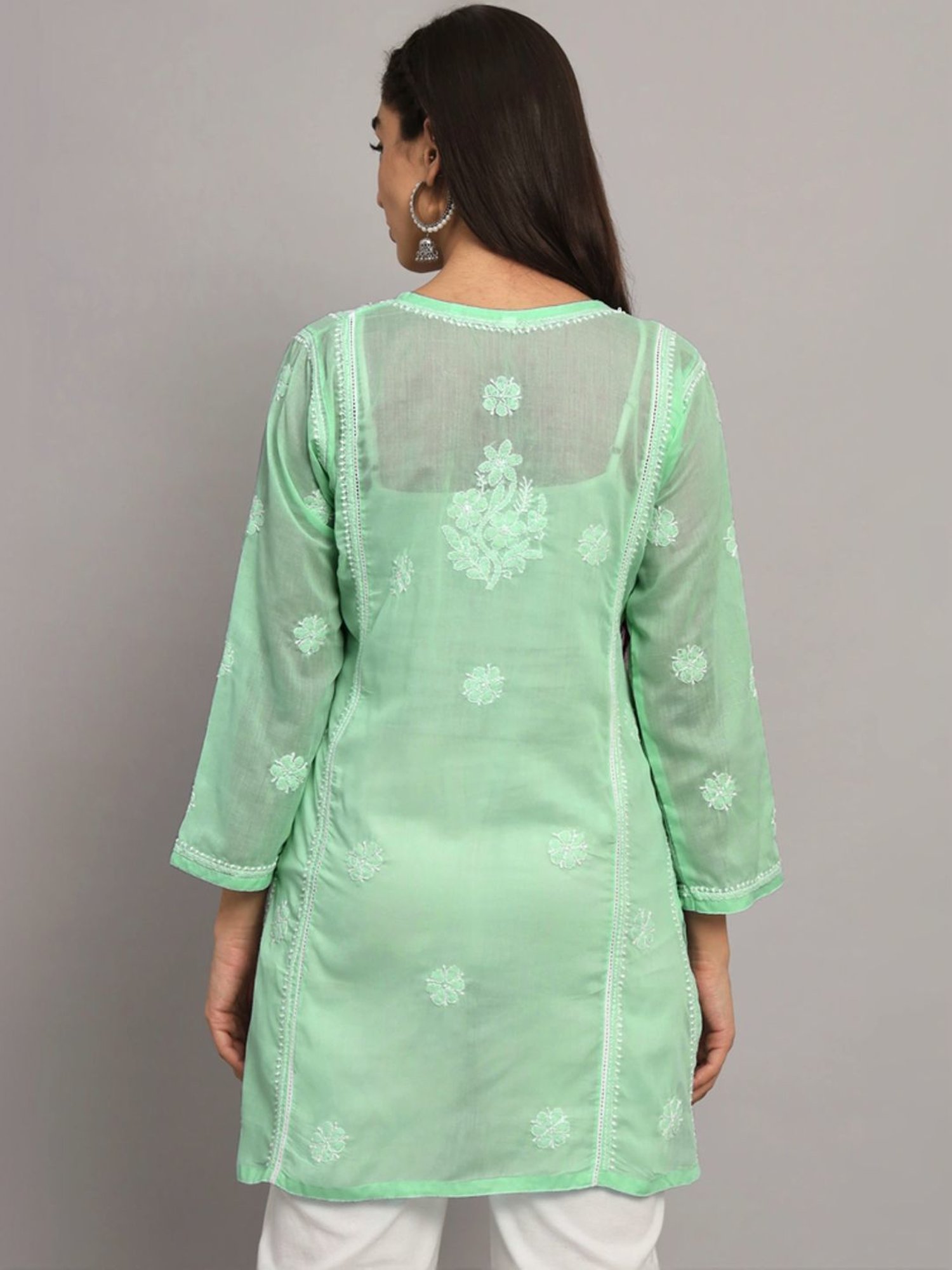 PARAMOUNT CHIKAN Green Cotton Hand Embroidered Chikankari Straight Kurti