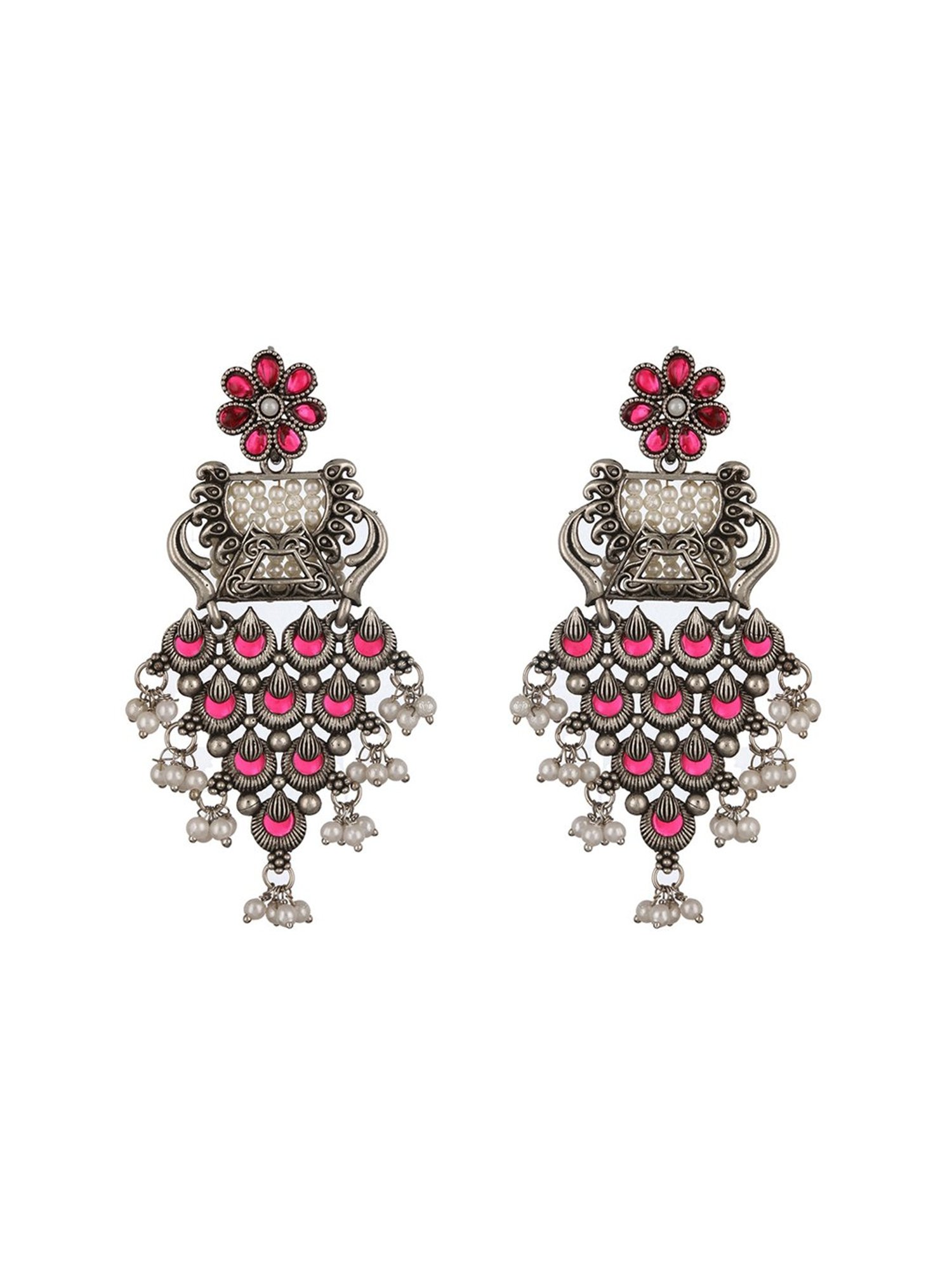 Aatmana Silver-Plated Red Stone Studded & Pearl Beaded Oxidized Necklace Set