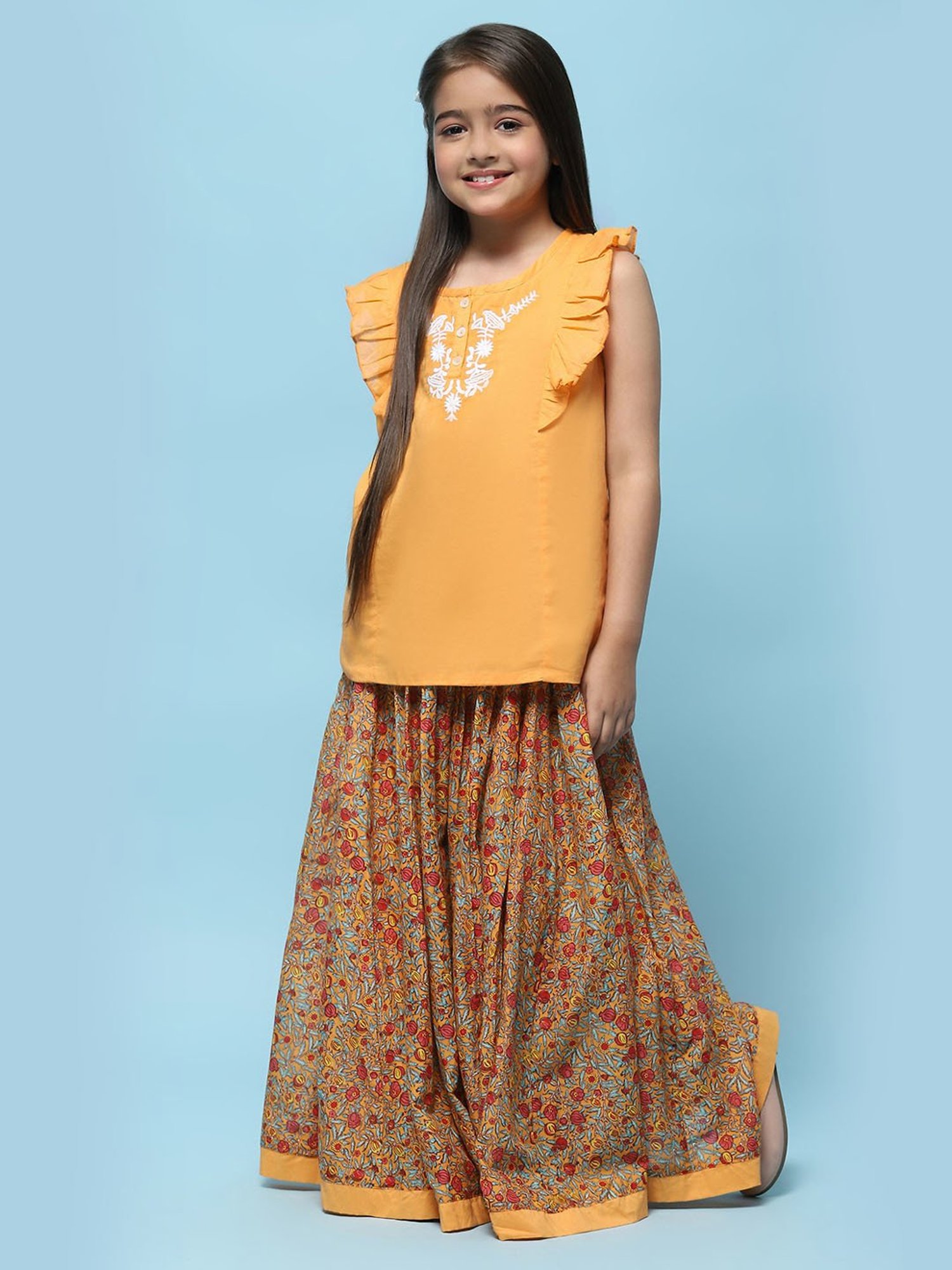 Biba Girls Orange Cotton Embroidered Casual Top and Tees