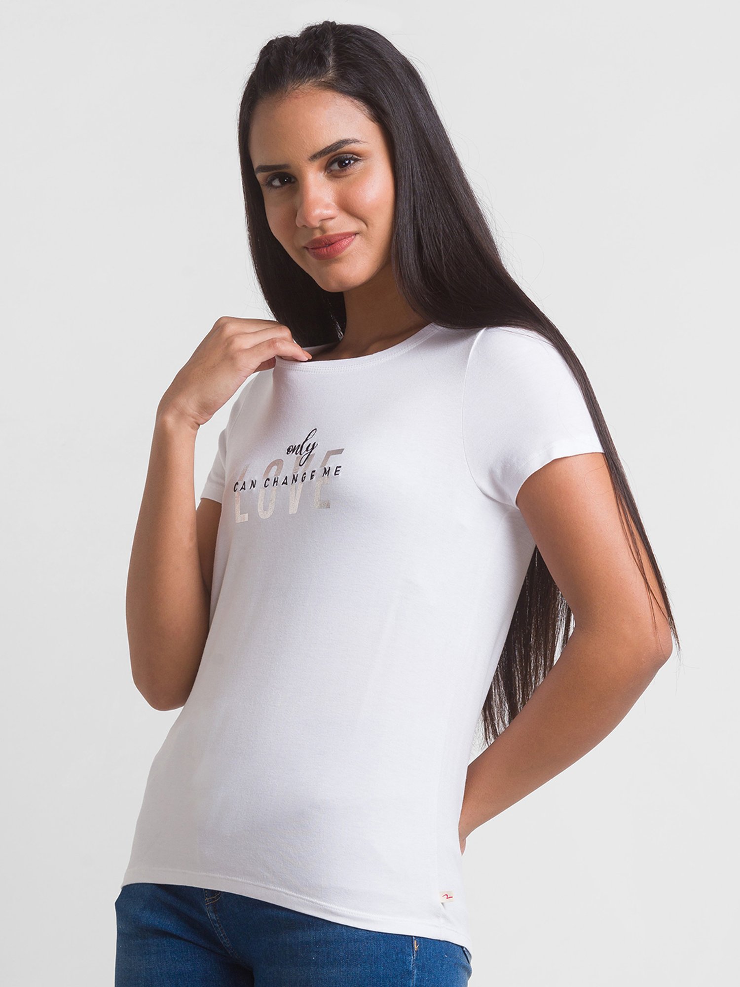 Spykar White Cotton Printed T-Shirt