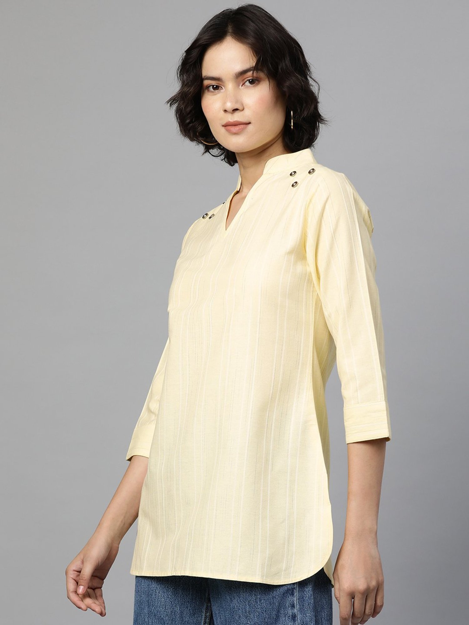 Cottinfab Light Yellow Self Design Ethnic Cotton Top