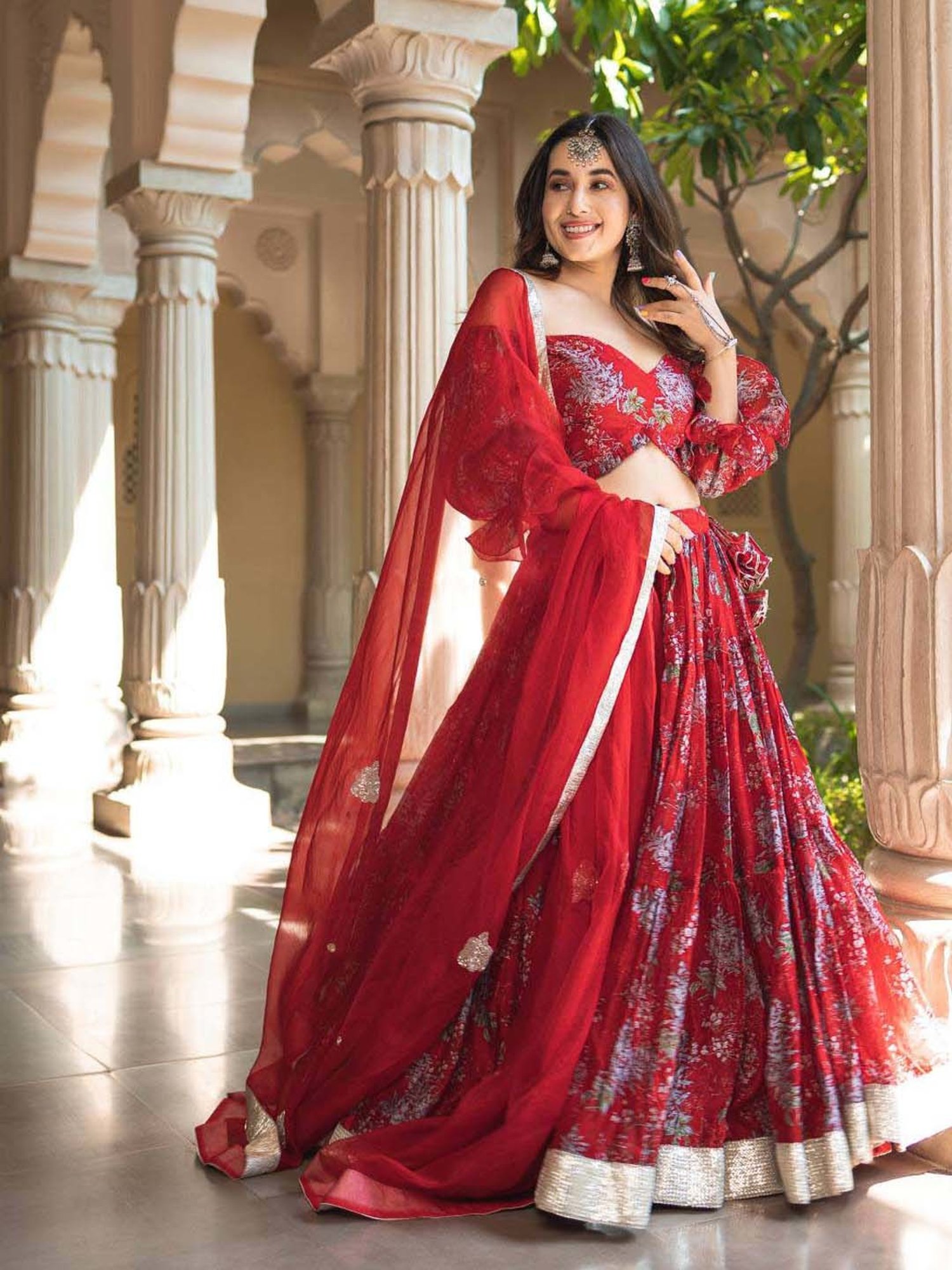 AACHHO Red Floral Print Lehenga Choli Set With Dupatta