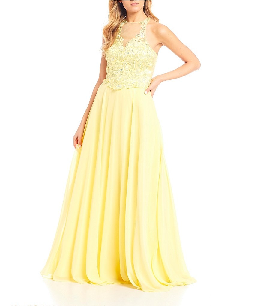 Coya Collection Sleeveless Illusion-Yoke Lace Bodice Chiffon Long Dress