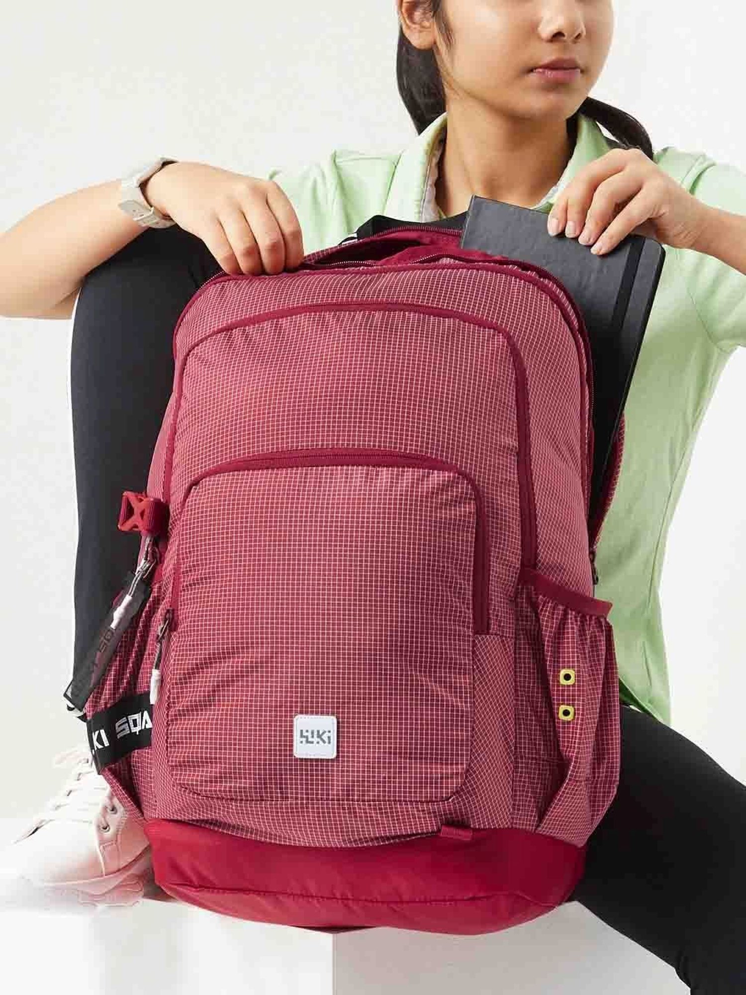 Wiki Back to School Squad 4 Red Polyester Checks Backpack - 40 Ltrs