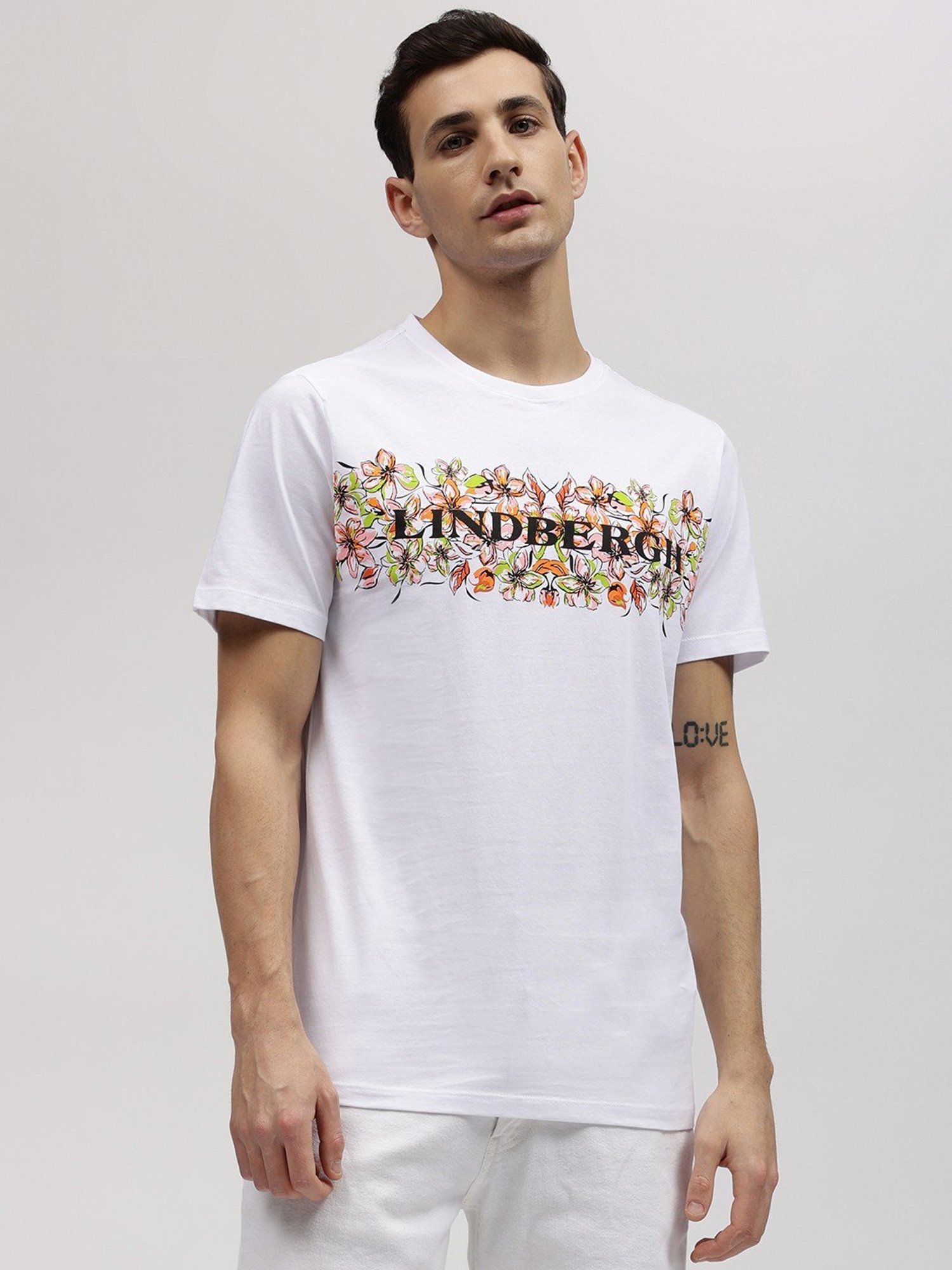 Lindbergh White Cotton Regular Fit Printed T-Shirt
