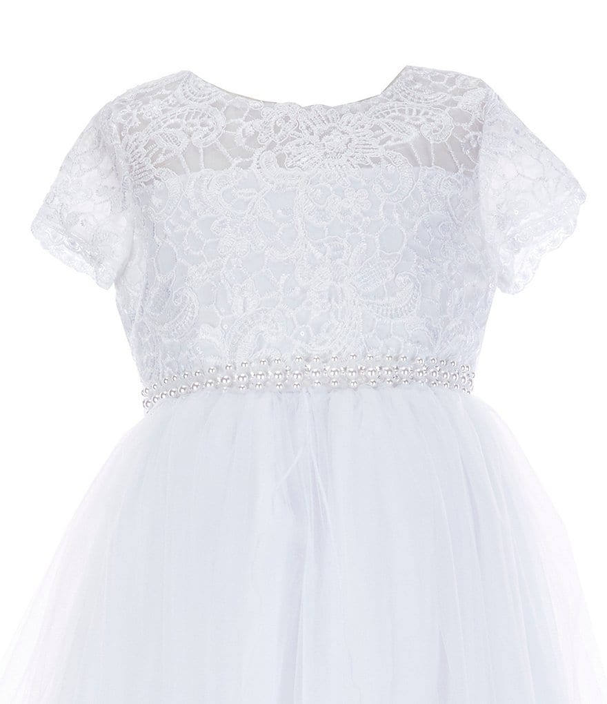 Us Angels Big Girls 6-14 Cap-Sleeve Lace Beaded Mesh Communion Dress
