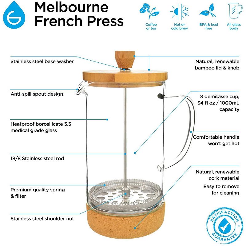 GROSCHE MELBOURNE Eco Friendly French Press Coffee Maker with Bamboo Cork, 34 fl oz. Capacity