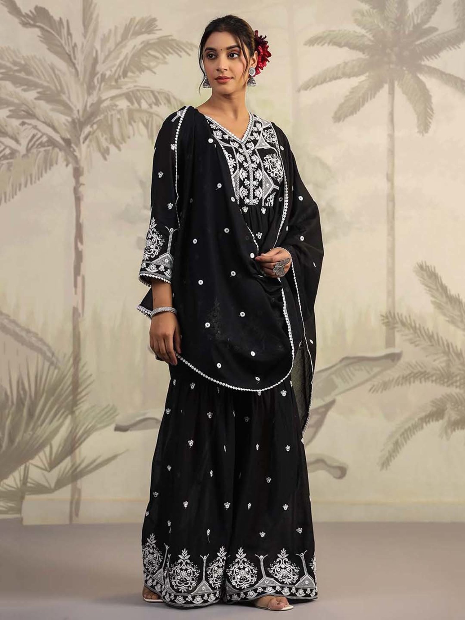 SCAKHI Intense Black Cotton Embroidered Kurti Sharara Set With Dupatta