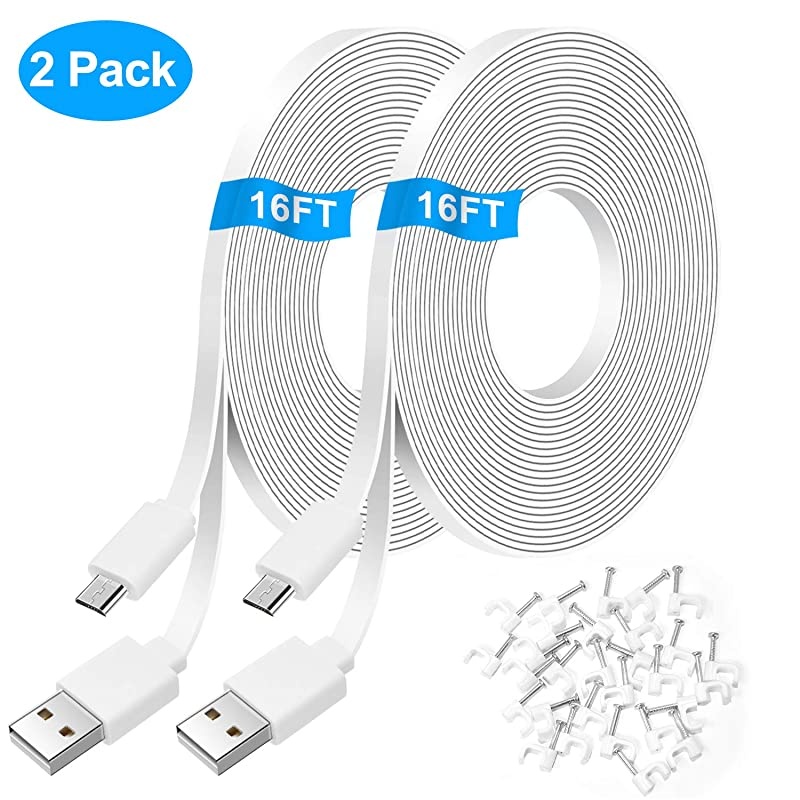 2 Pack 164FT Flat Power Extension Cable Compatible with WyzeCam WyzeCam Pan KasaCam Indoor NestCam Indoor Yi Camera Blink USB to Micro USB Charging and Data Sync Cord with Wire Clips