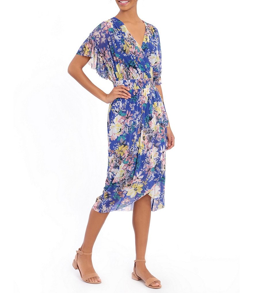 London Times Floral Short Sleeve Hi-Low Hem Faux Wrap Dress