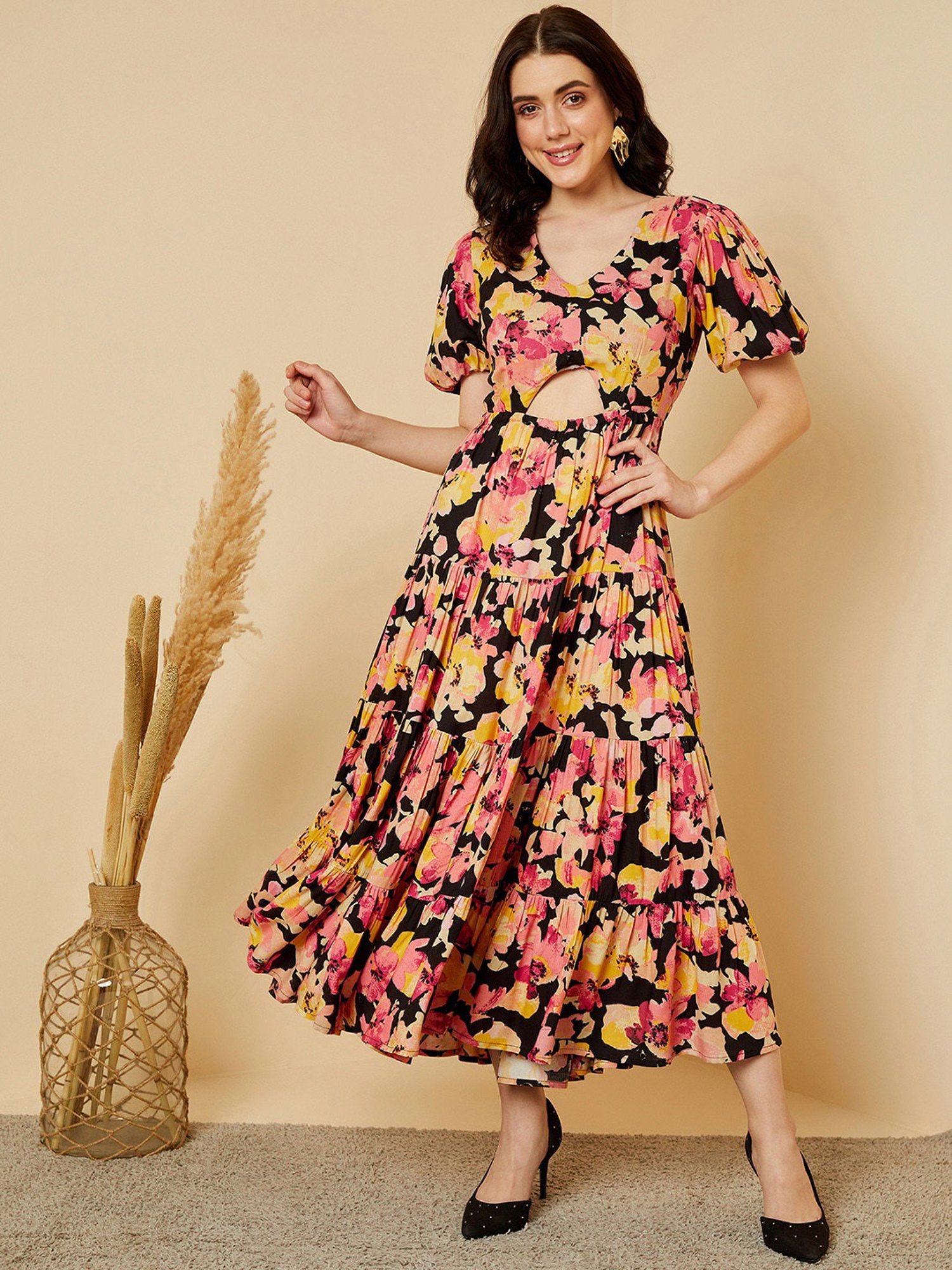 Magre Multicolor Floral Print Midi Dress