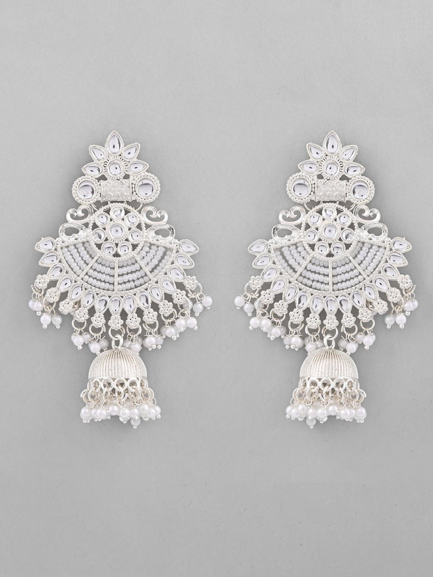 VOJ Silver Plated Kundan Contemporary Jhumka Earrings for Women