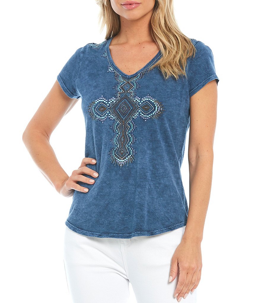 Reba Angelica Embroidered Cross V-Neck Short Sleeve Tee