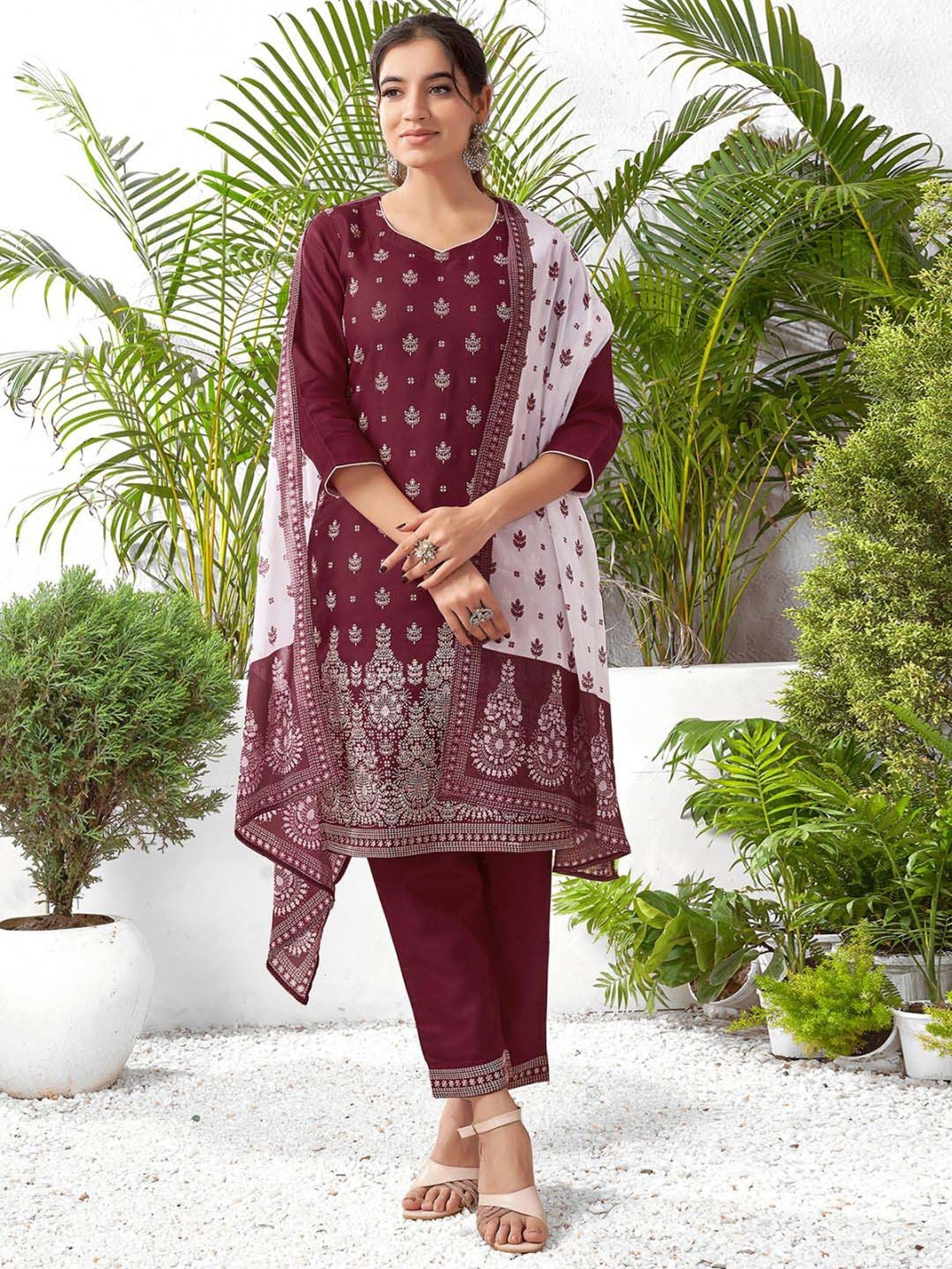 Skylee Maroon Cotton Printed Kurta Pant Set With Dupatta