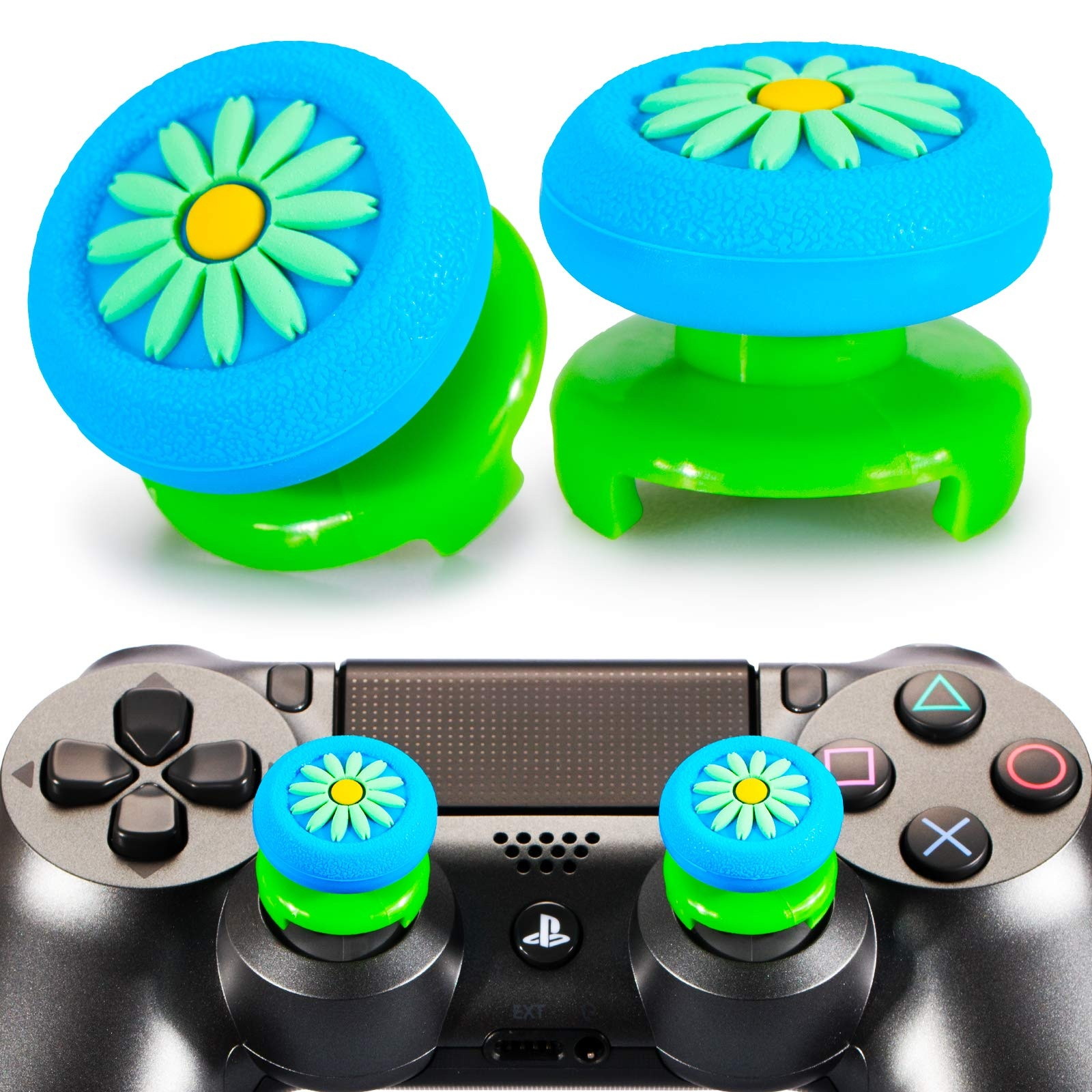 FPS Thumbstick Extender & 3D Texture Rubber Silicone Grip Cover 2 Sets for PS5 Dualsenese & PS4 Controller(Daisy Blue)