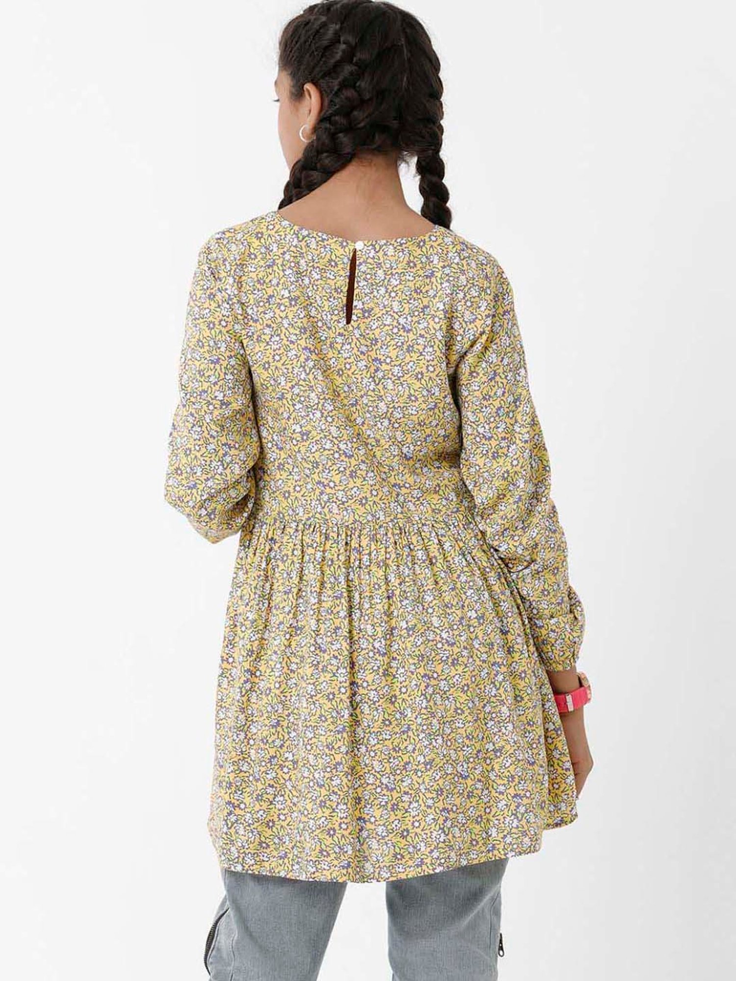 Kate & Oscar Kids Yellow Floral Print Full Sleeves Top