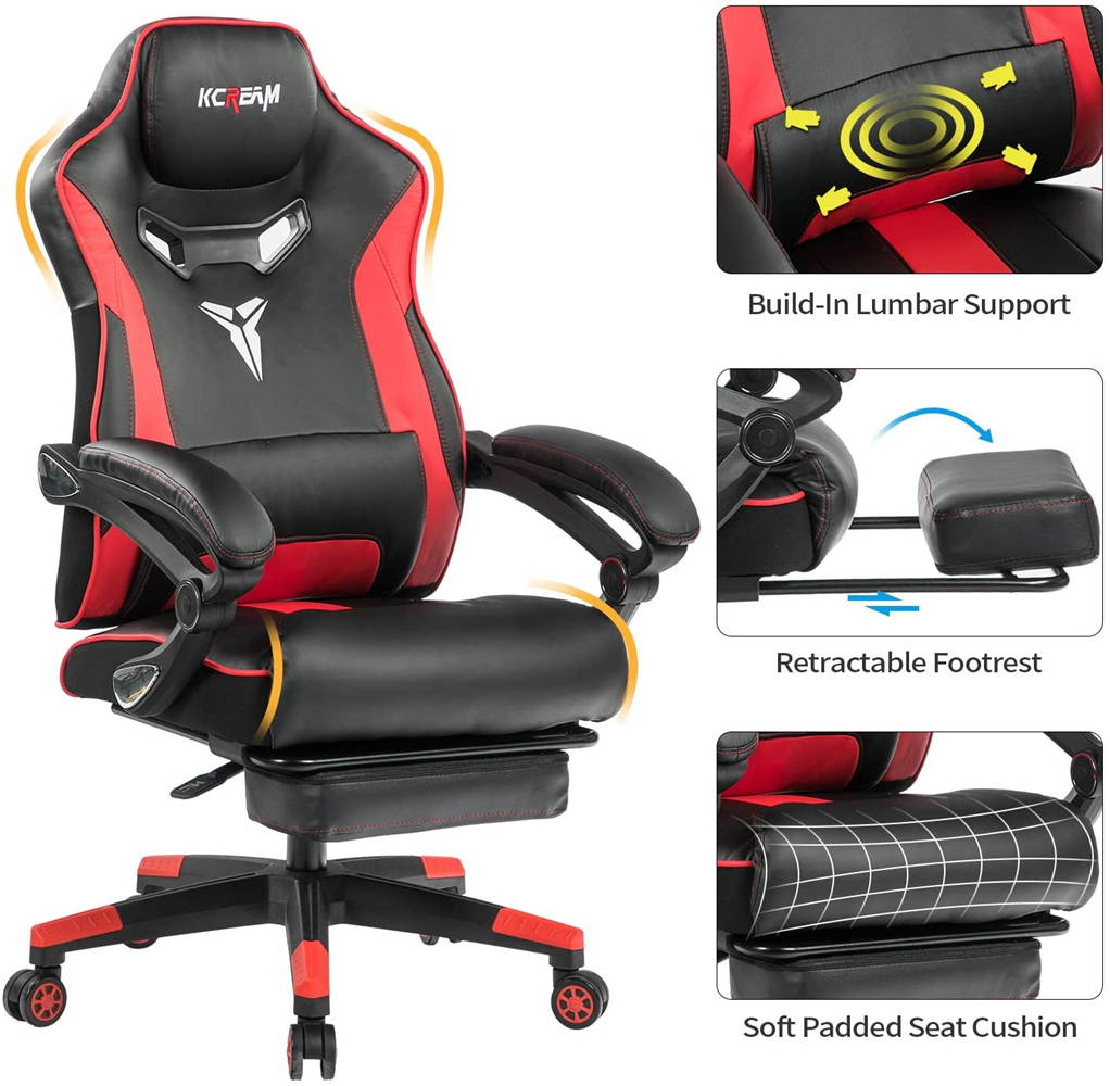 KCREAM Racing Style PC Gamer Chair Large Size Ergonomic Computer Chair with Build-in Lumbar Support Footrest and Adjustable Recliner High Back PU Leather Gaming Chair for Adult