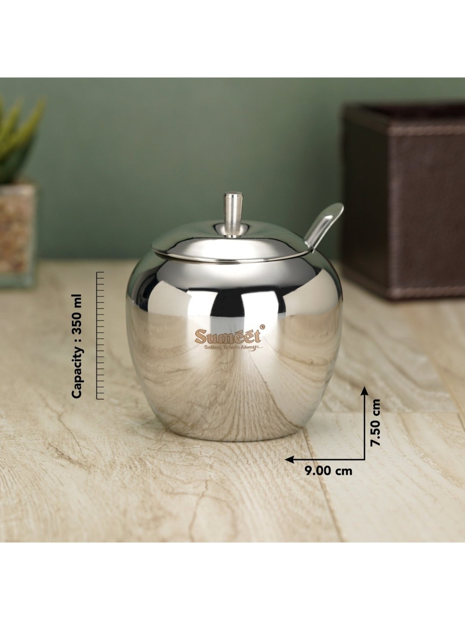 Sumeet S.S.Apple Shape Ghee & Oil Pot,Storage Container with Spoon for Kitchen,9cm,350ML-(Pack of 1)