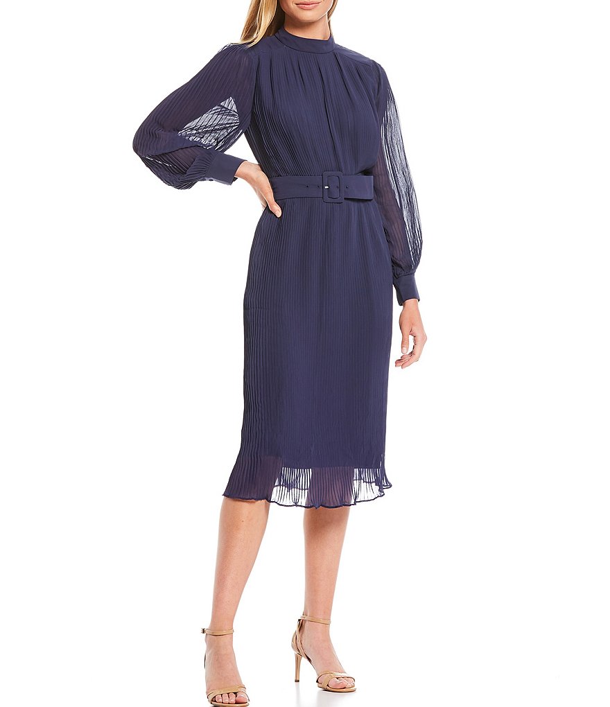 Maggy London Mock Neck Belted Pleated Georgette Long Sheer Sleeve Midi Dress