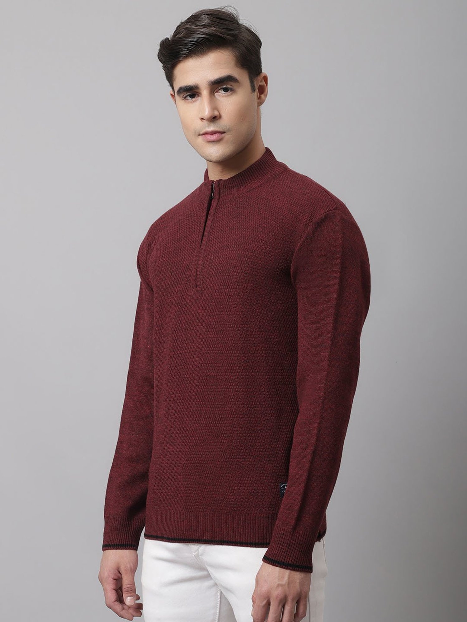 Cantabil Maroon Regular Fit Self Design Sweater