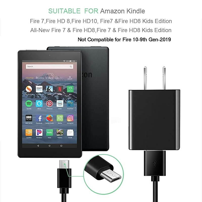 Fire Charger UL Listed Compatible for  Fire 7 HD 6 7 8 10 Tablet and Fire 8 PlusKids Edition Fire HD HDX 7 89 with 5FT Charging Cable Cord