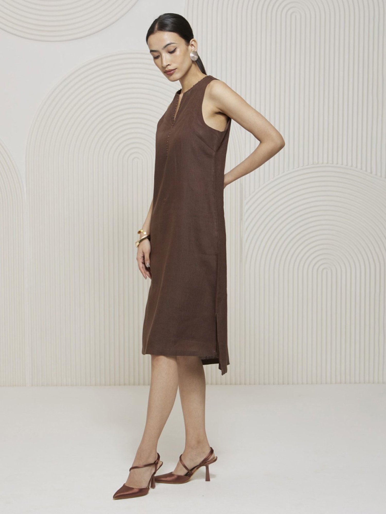 Artagai Chocolate Kantha Knee Length Dress With High Low Hem